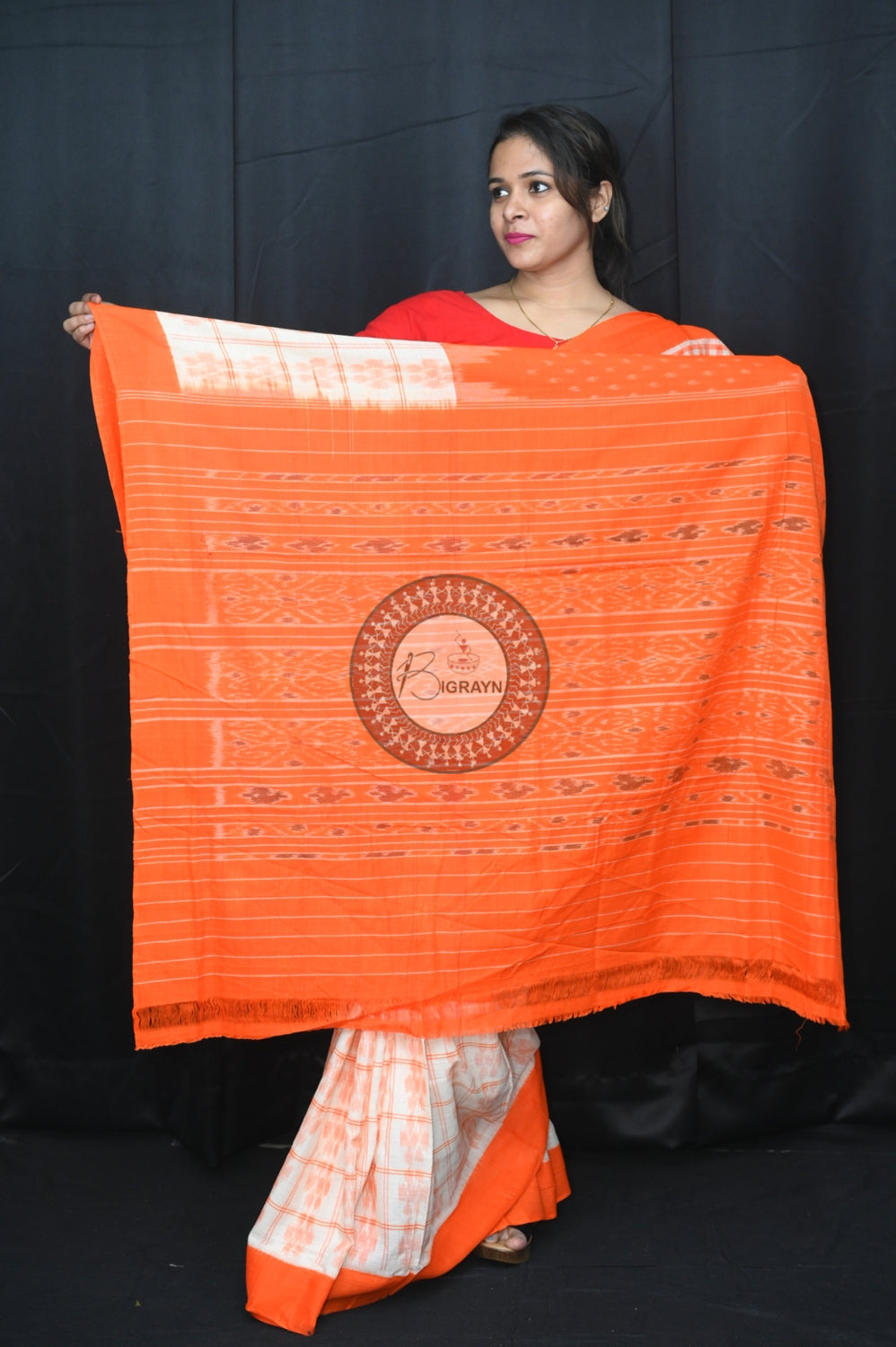 White Orange Scot Kargil Khandua Cotton Saree