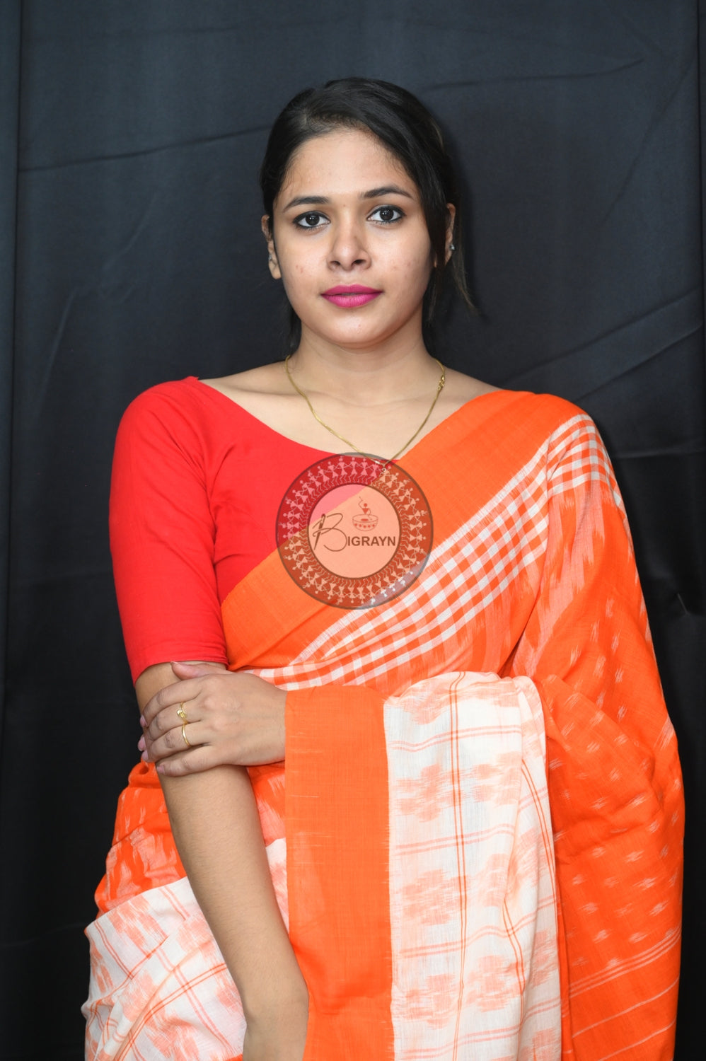 White Orange Scot Kargil Khandua Cotton Saree