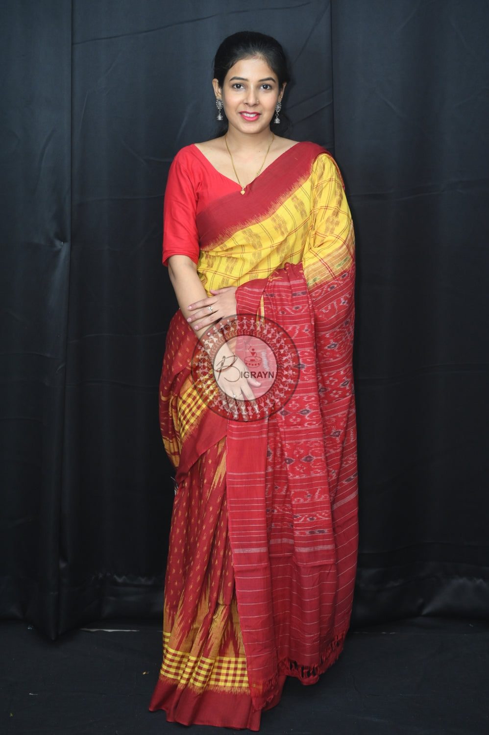 Yellow Maroon Scot Kargil Khandua Cotton Saree