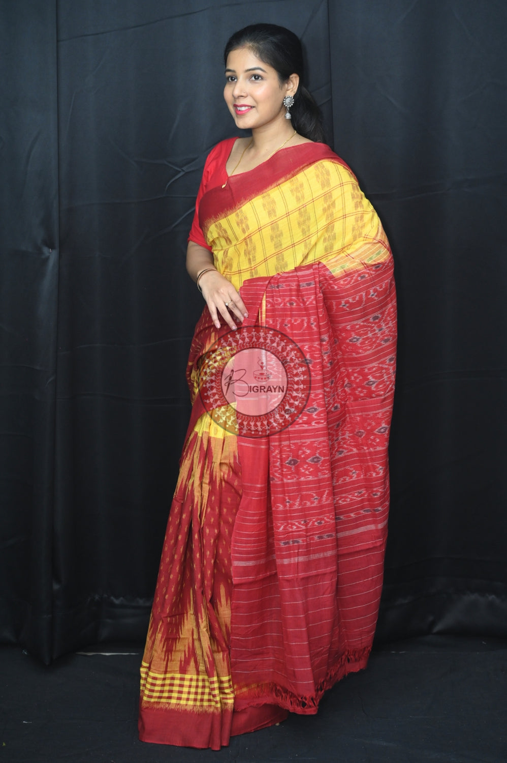 Yellow Maroon Scot Kargil Khandua Cotton Saree