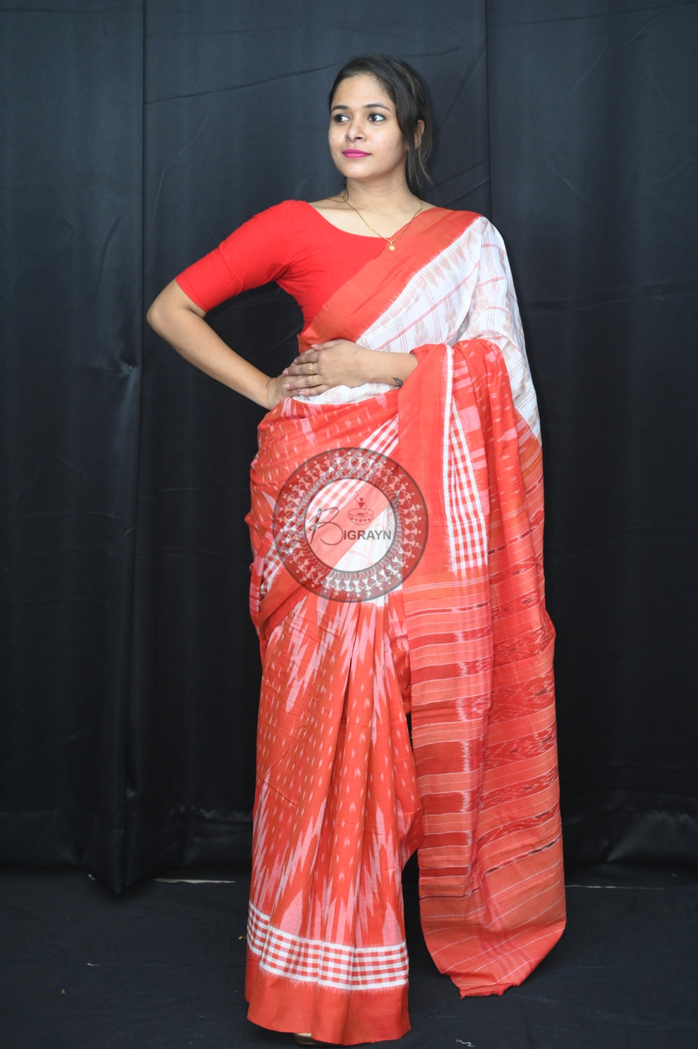 White Brick Red Scot Kargil Khandua Cotton Saree