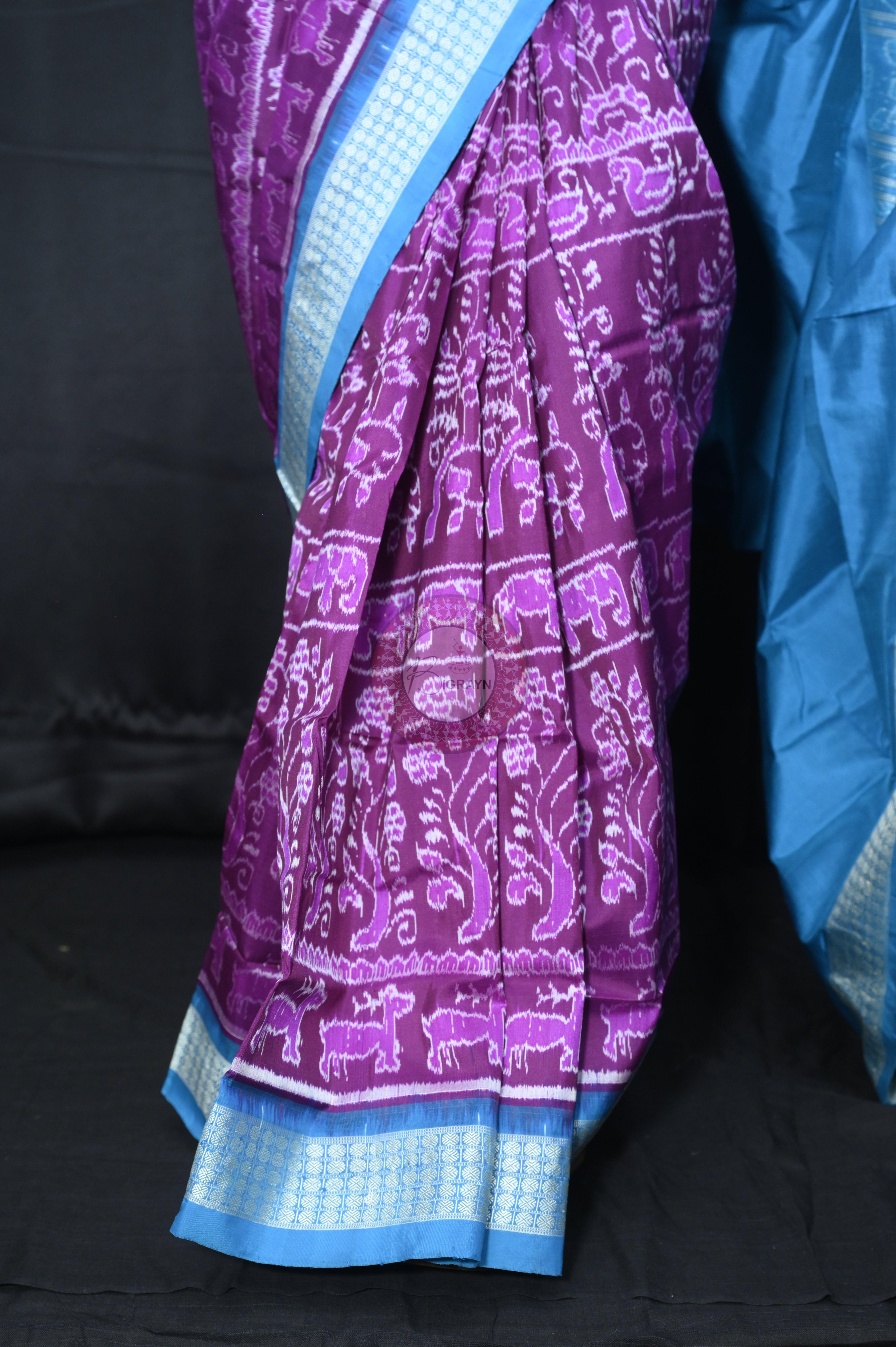 Purple Sky Blue Tribal And Animal Sambalpuri Silk Saree