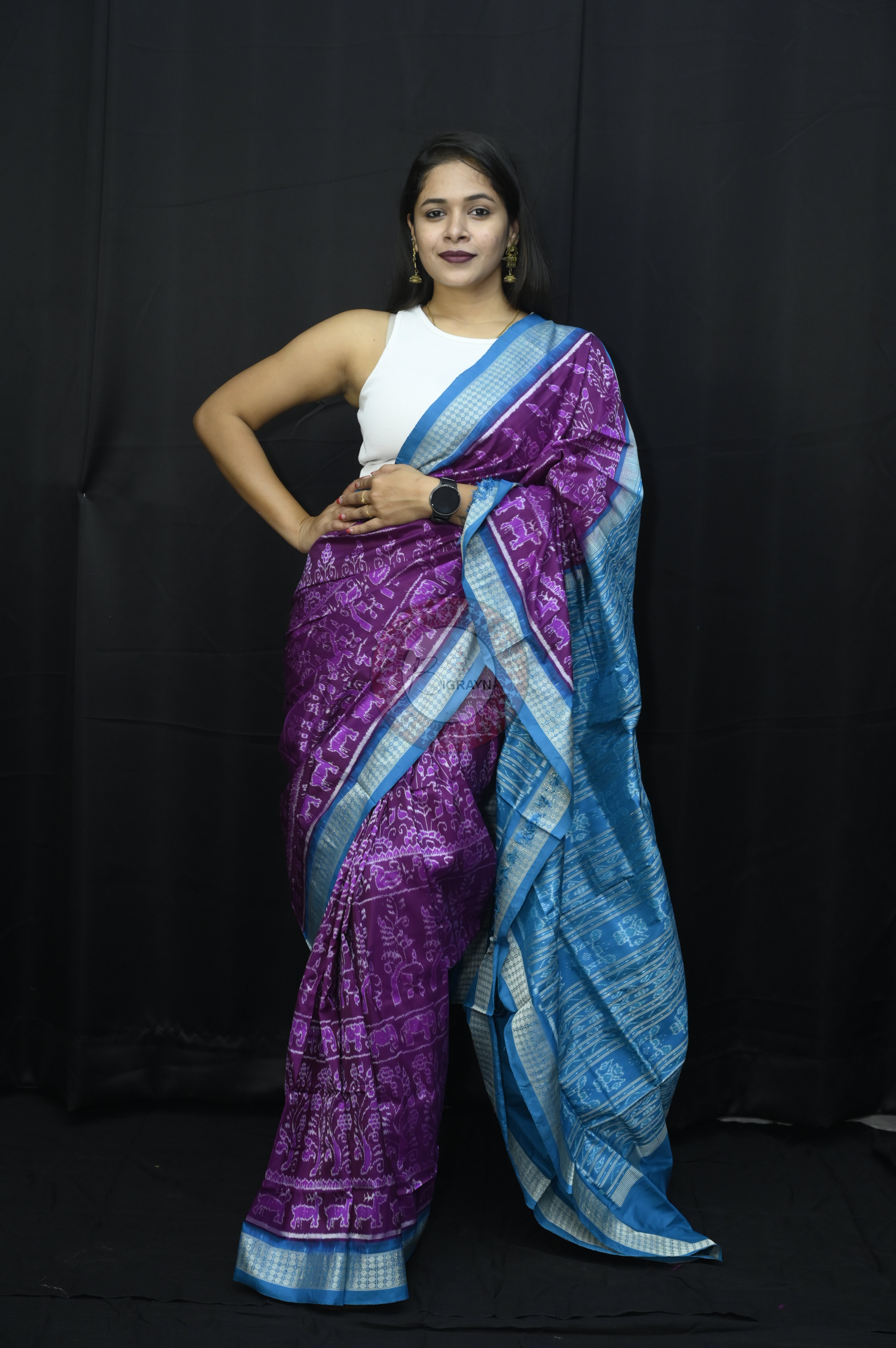 Purple Sky Blue Tribal And Animal Sambalpuri Silk Saree