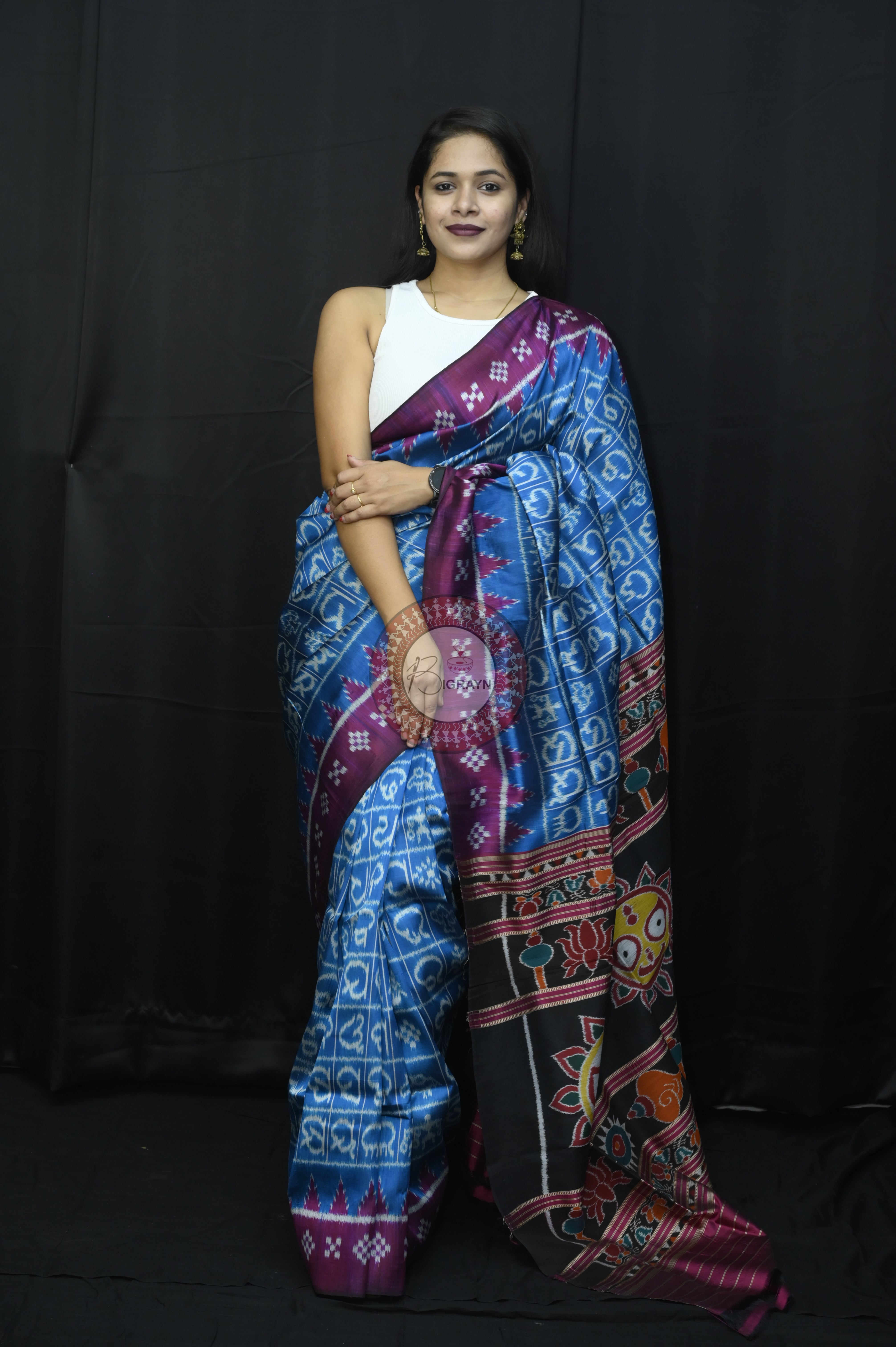 Copper Sulphate Magenta Odia Alphabet Mulberry Silk Saree