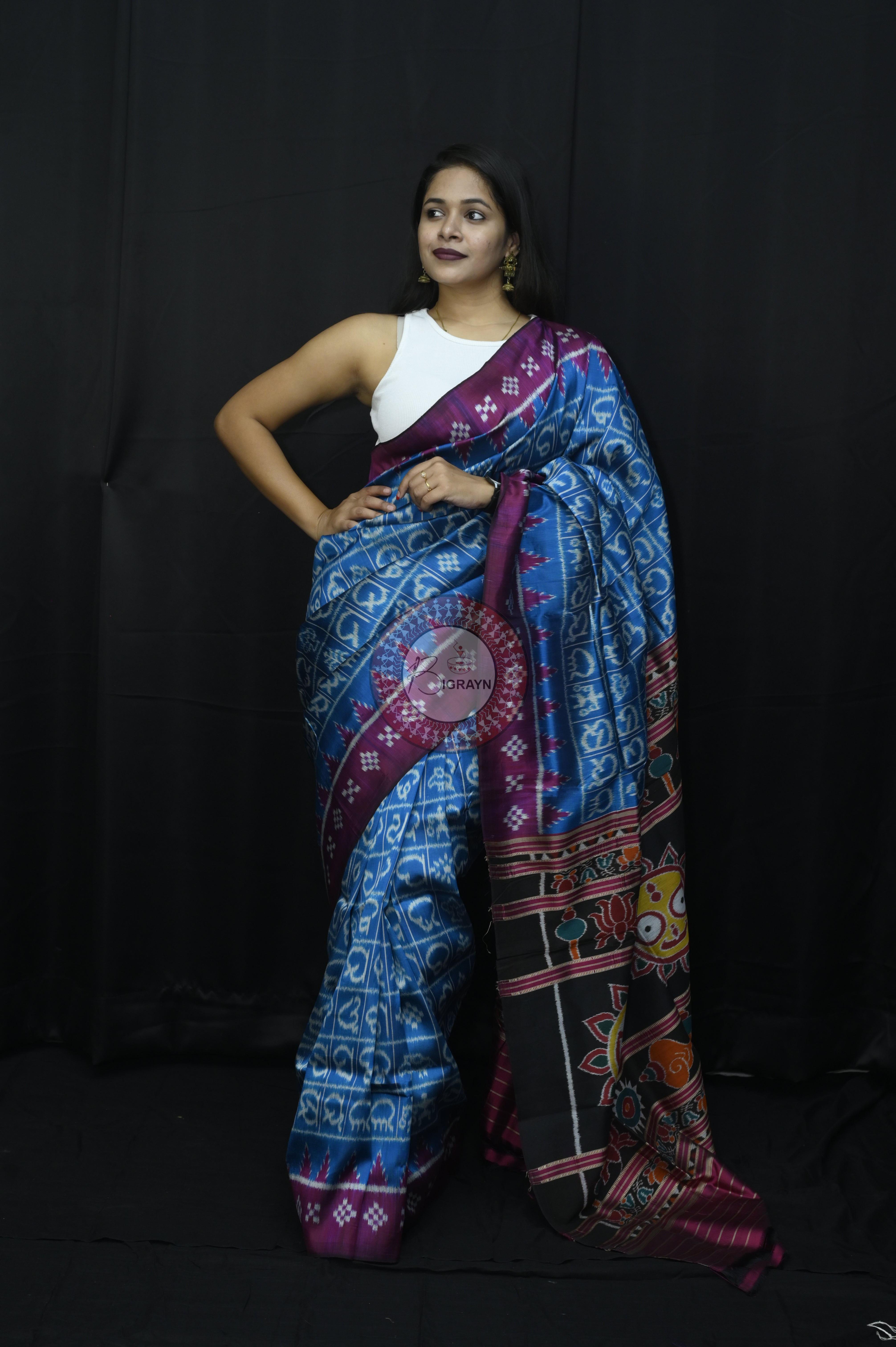 Copper Sulphate Magenta Odia Alphabet Mulberry Silk Saree