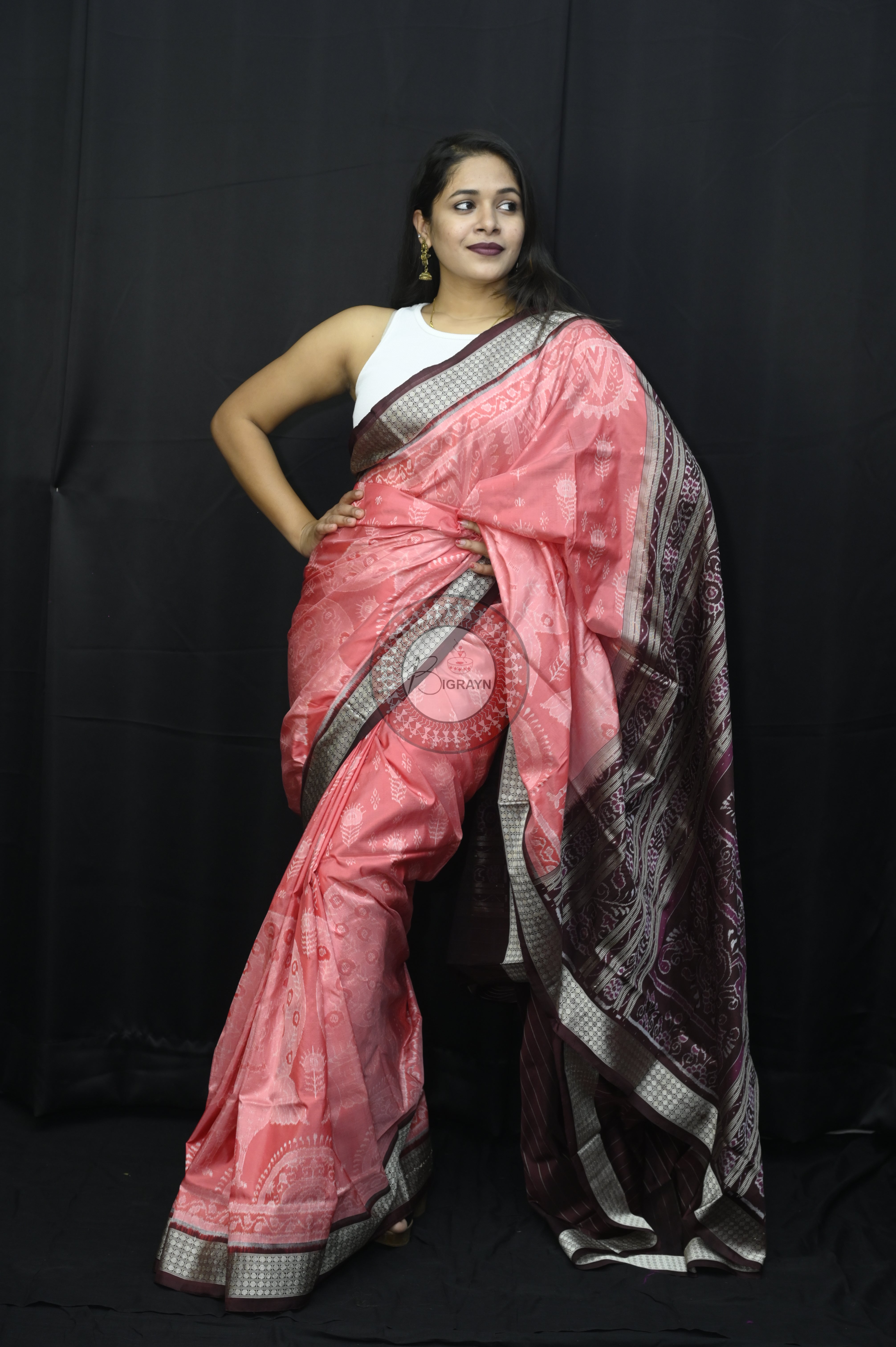 Peach Coffee Peacock Sambalpuri Silk Saree