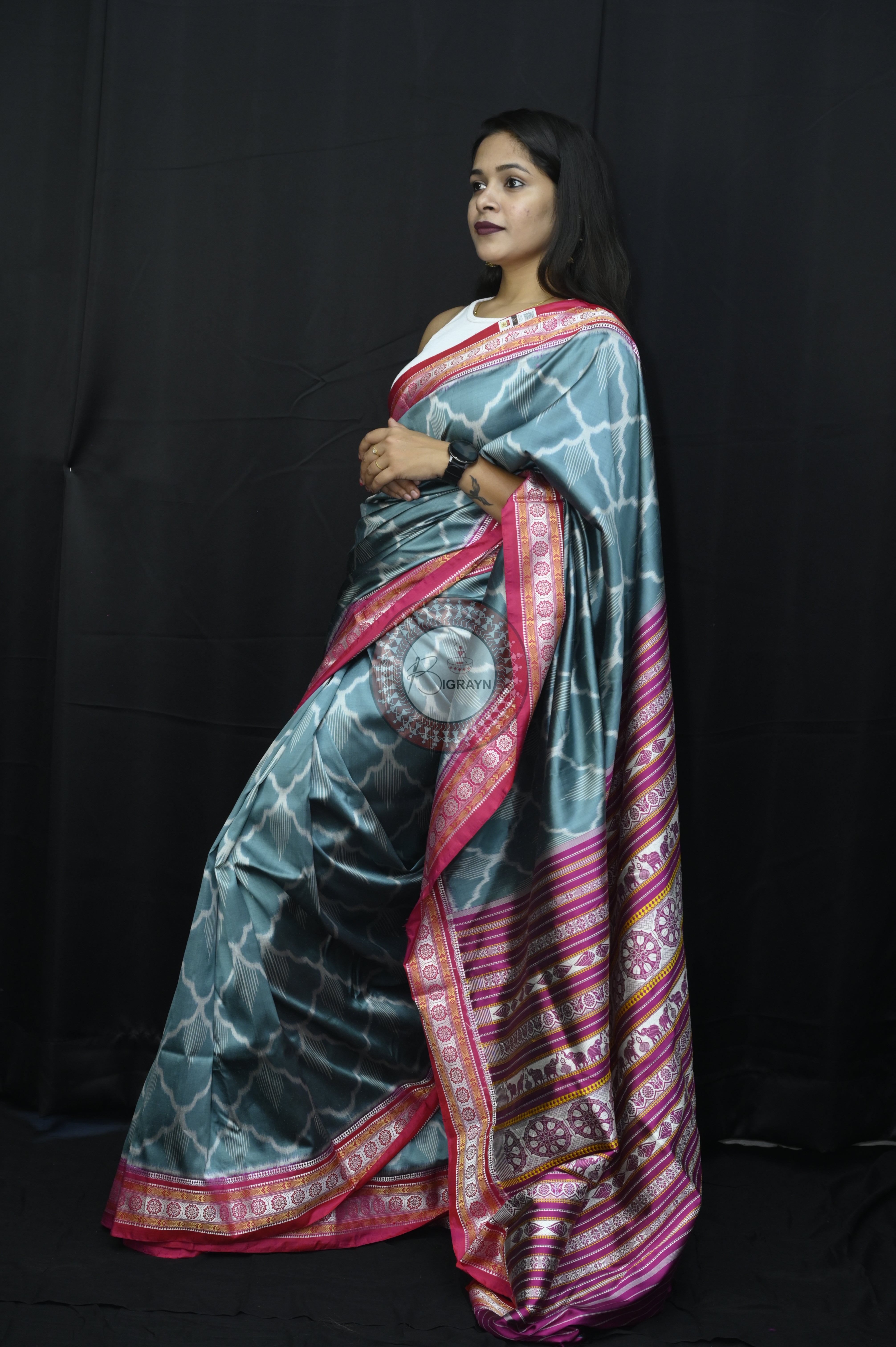 Light Grey Magenta Mulberry Silk Saree
