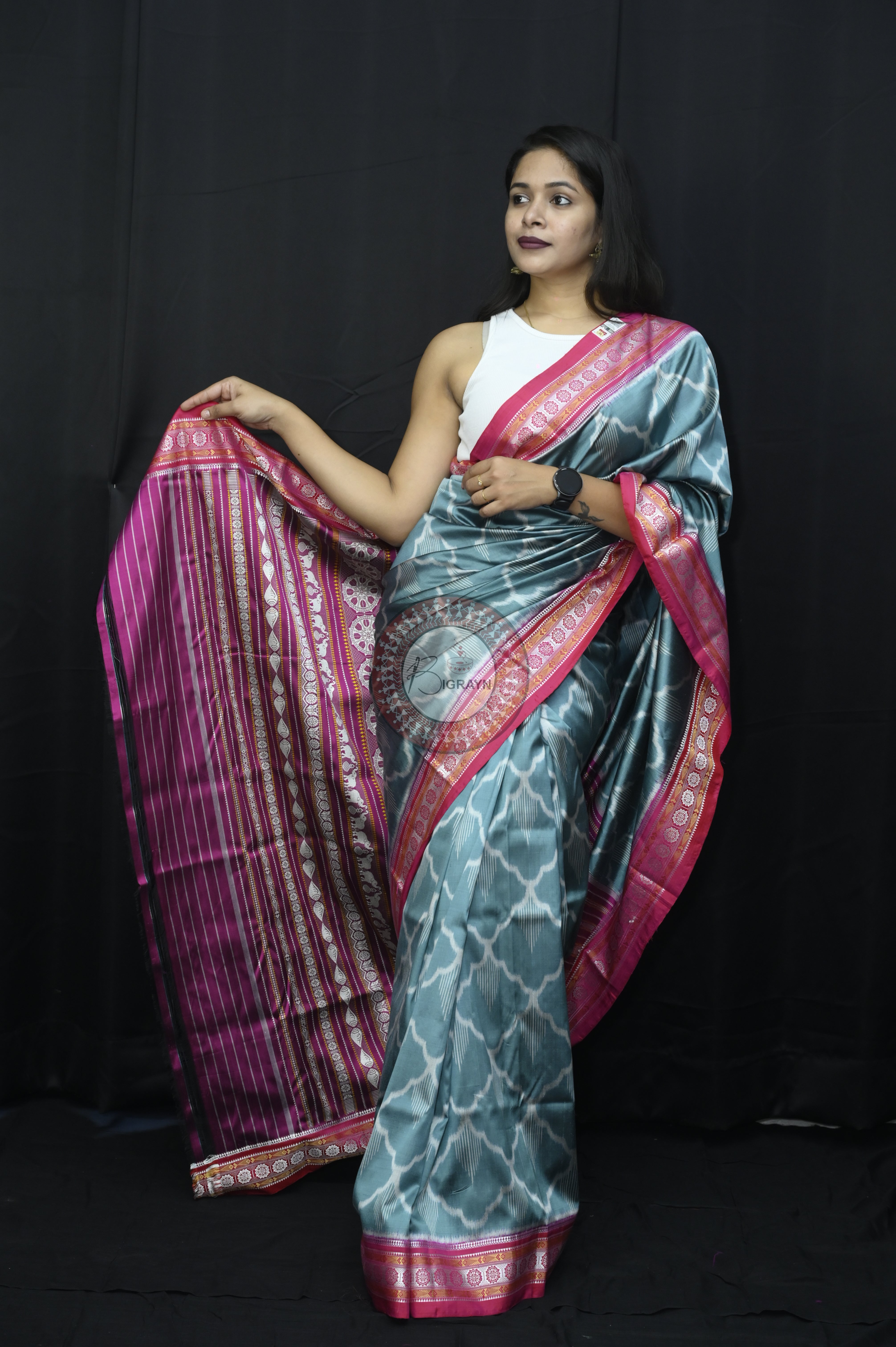 Light Grey Magenta Mulberry Silk Saree