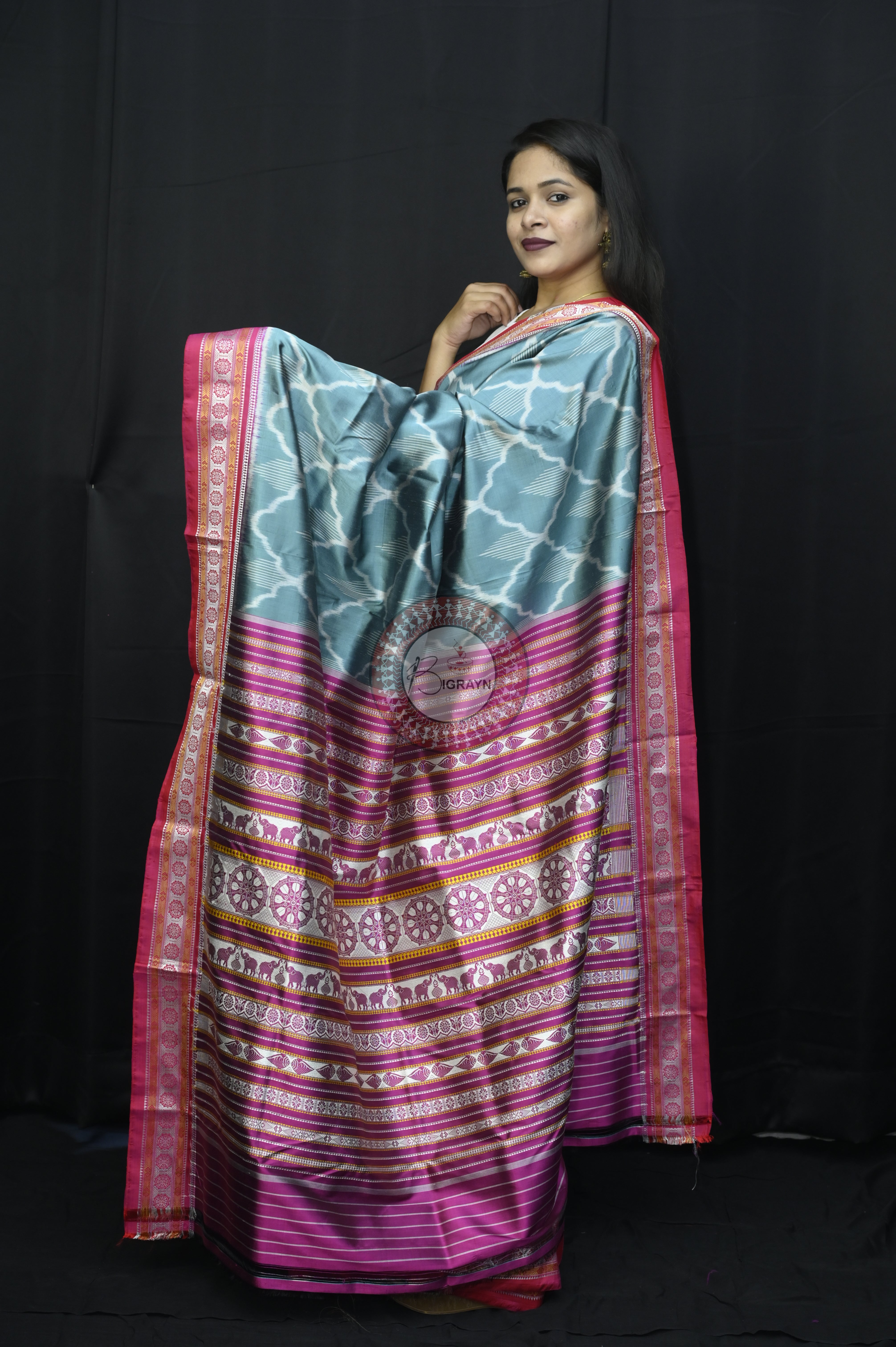 Light Grey Magenta Mulberry Silk Saree