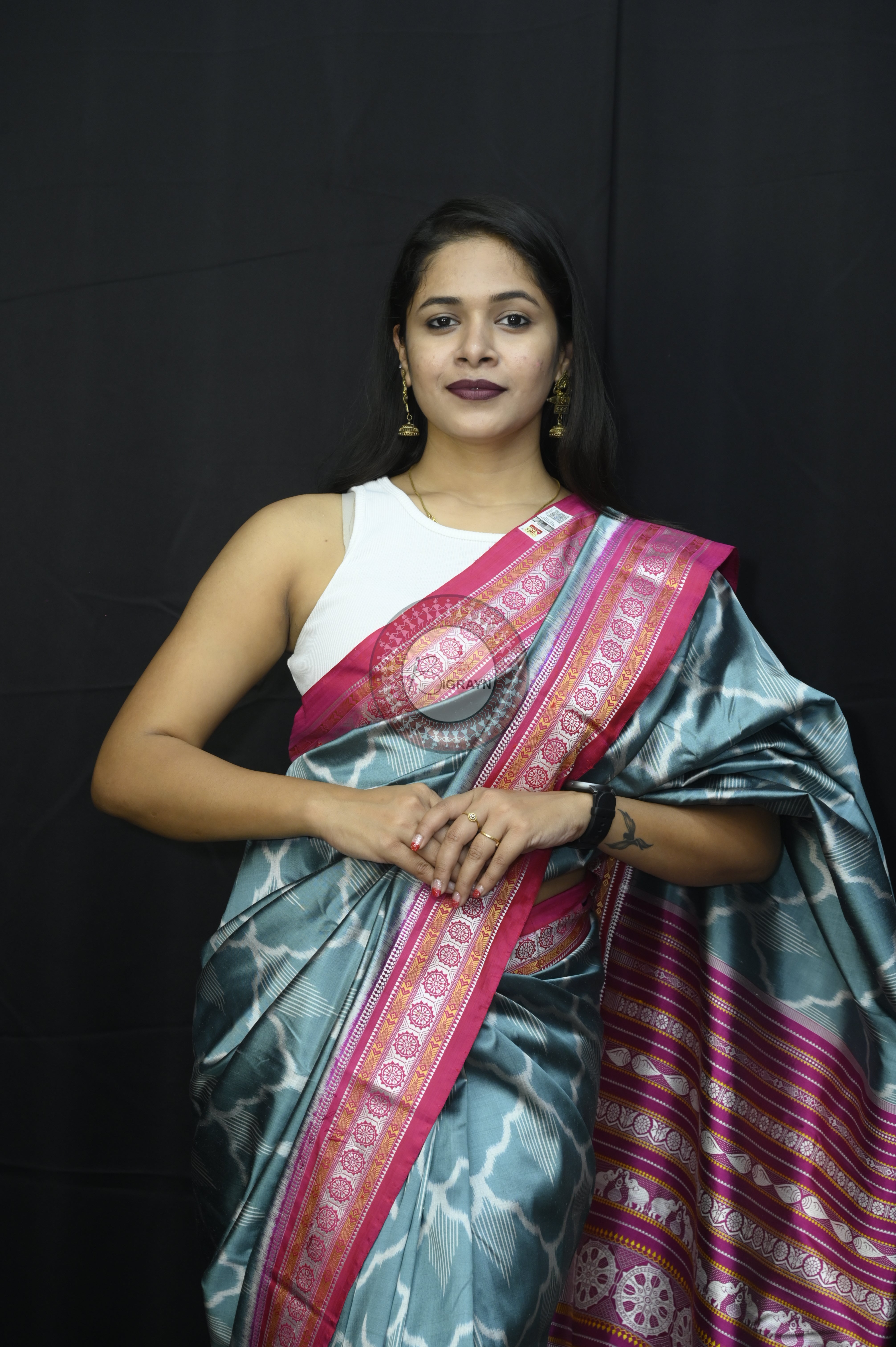 Light Grey Magenta Mulberry Silk Saree