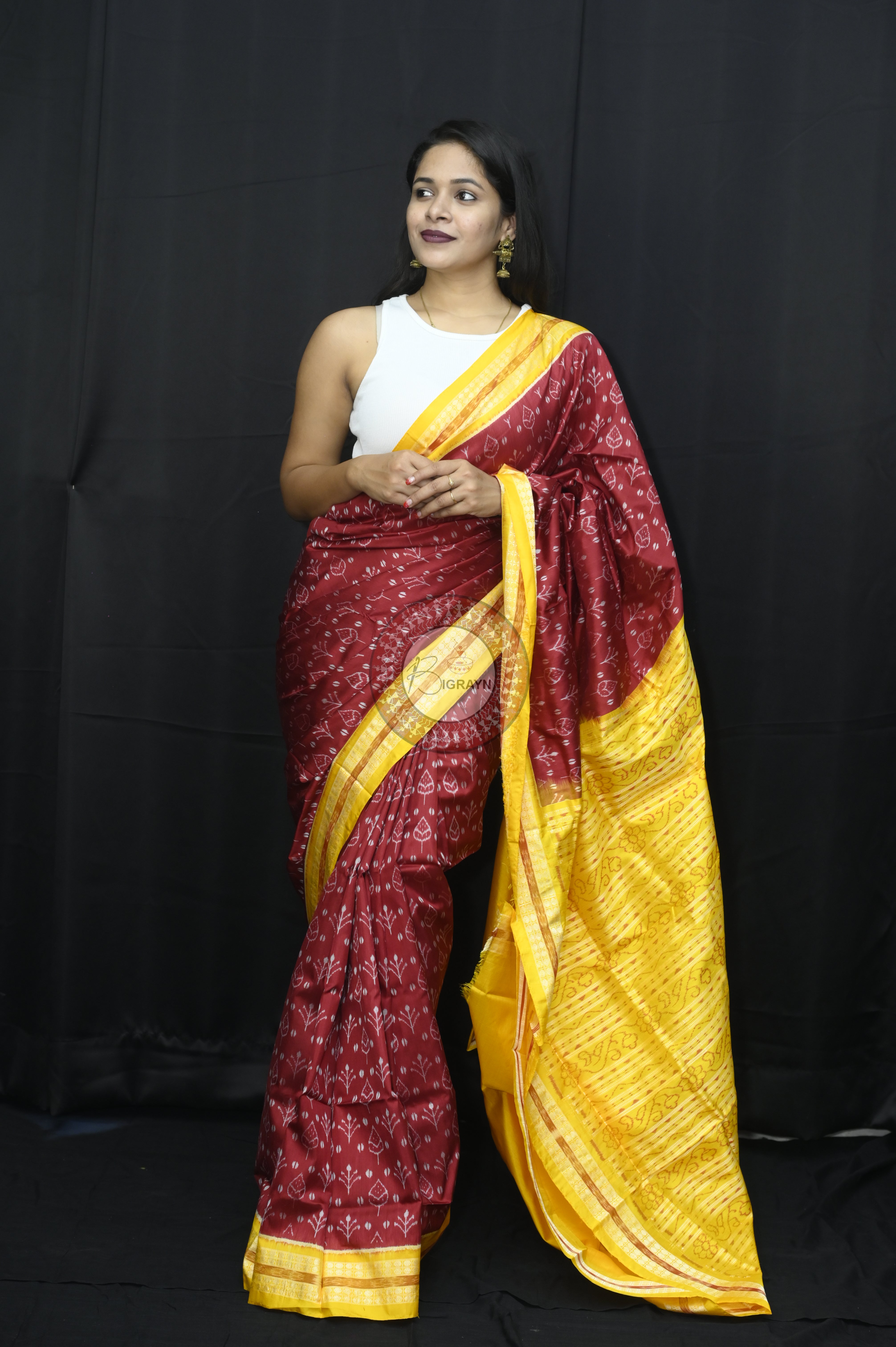 Maroon Yellow Flower Sambalpuri Silk Saree