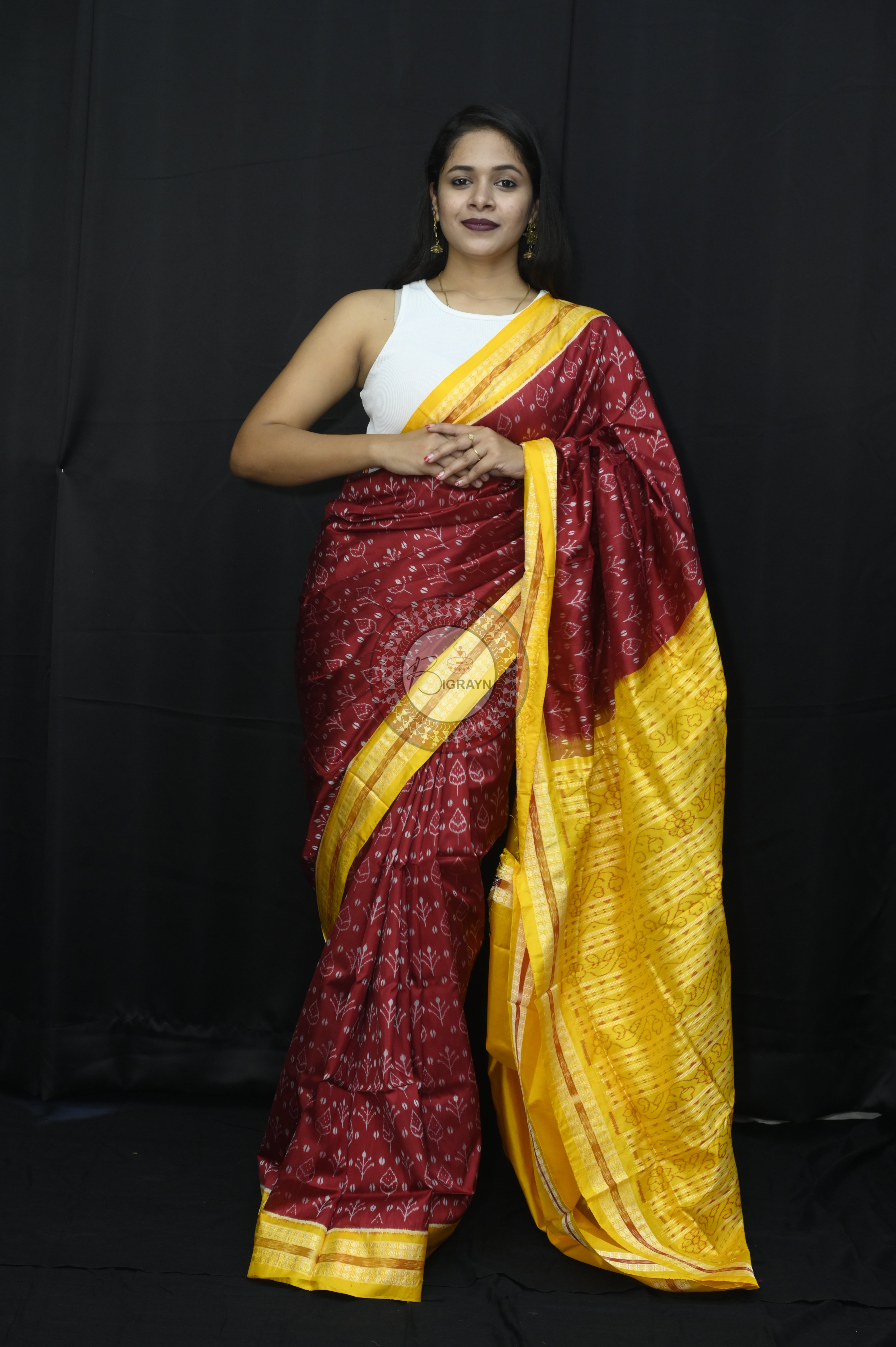 Maroon Yellow Flower Sambalpuri Silk Saree