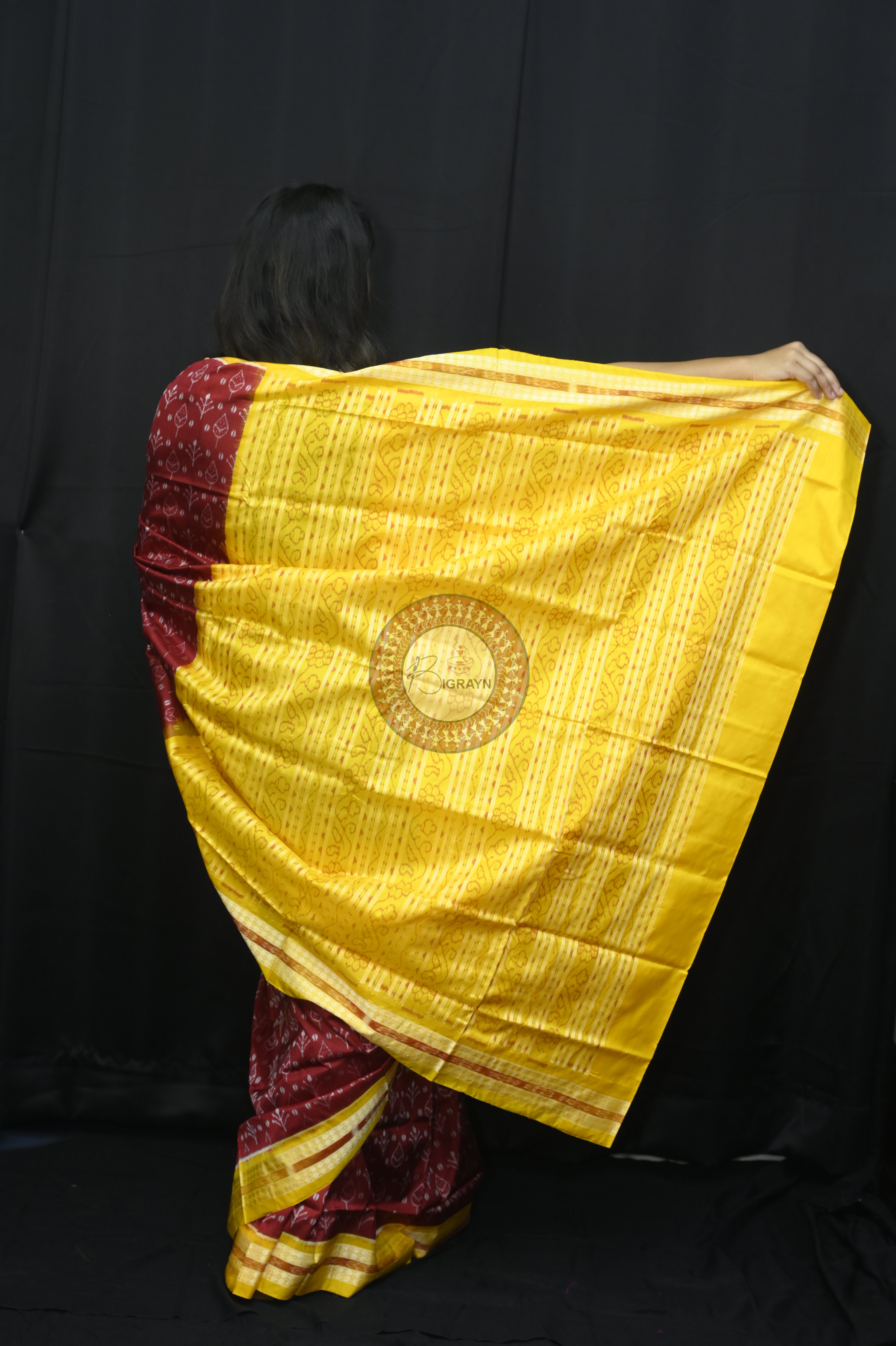 Maroon Yellow Flower Sambalpuri Silk Saree