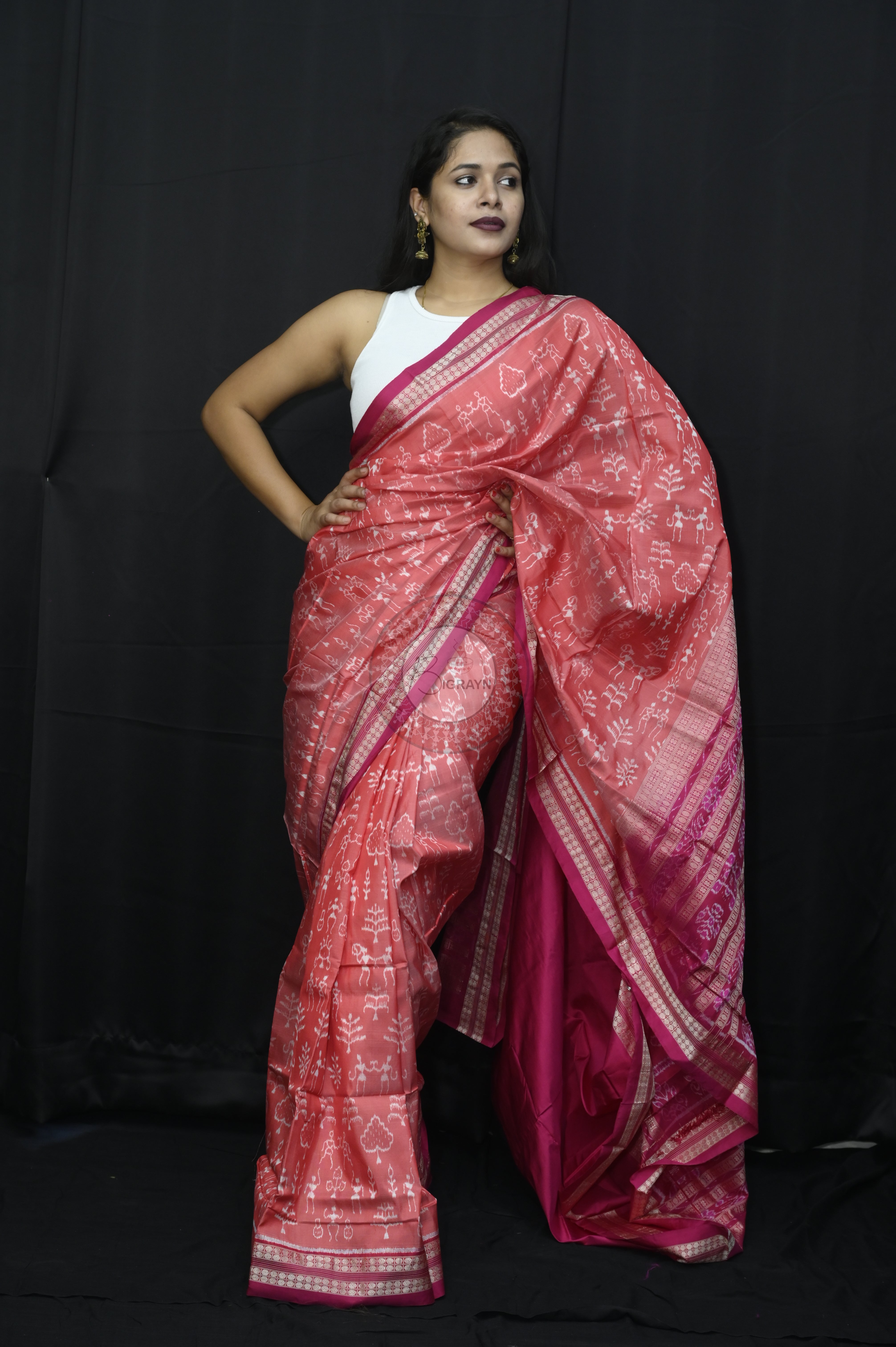Peach Magenta Tribal And Tree Sambalpuri Silk Saree