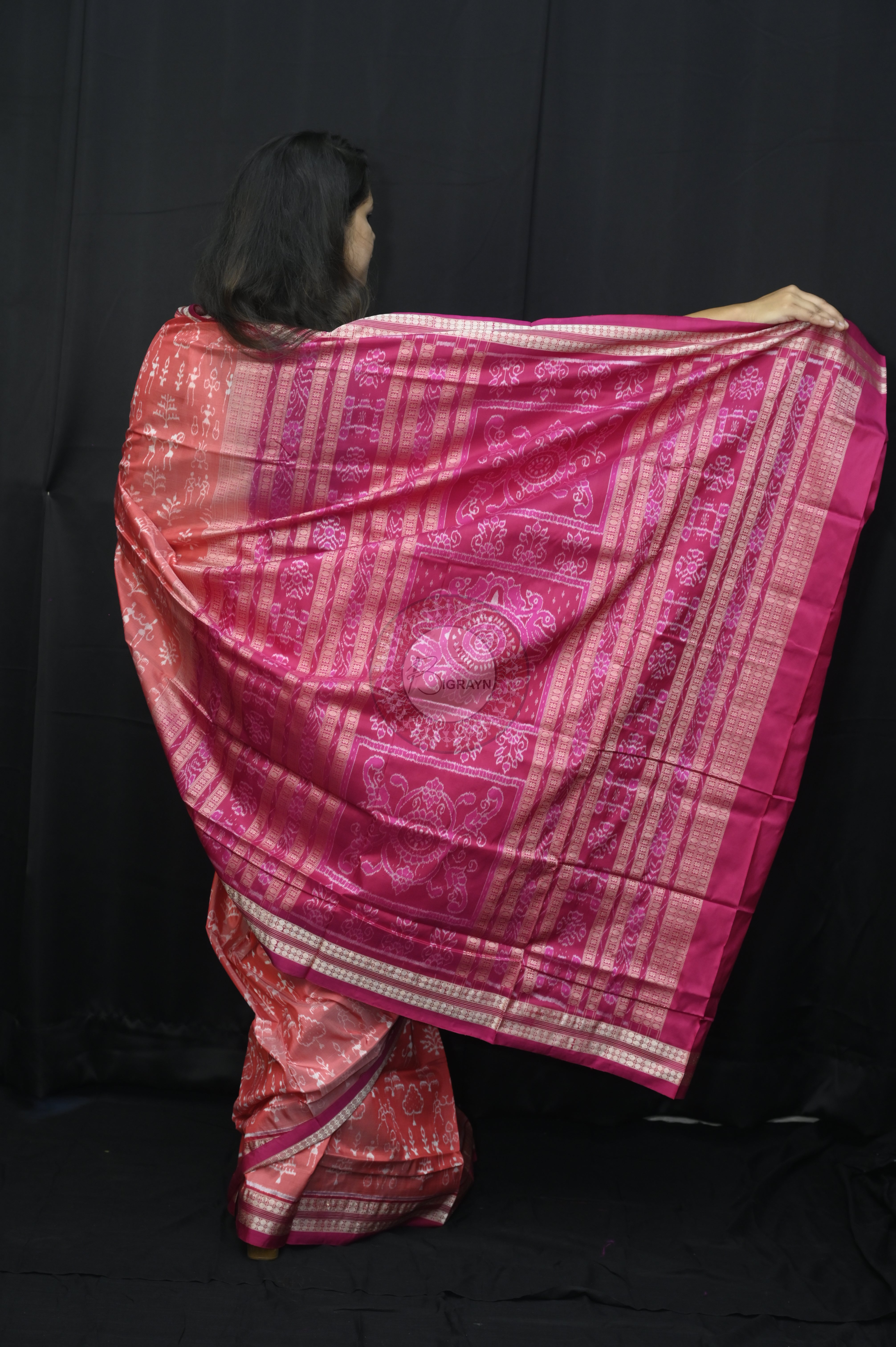 Peach Magenta Tribal And Tree Sambalpuri Silk Saree
