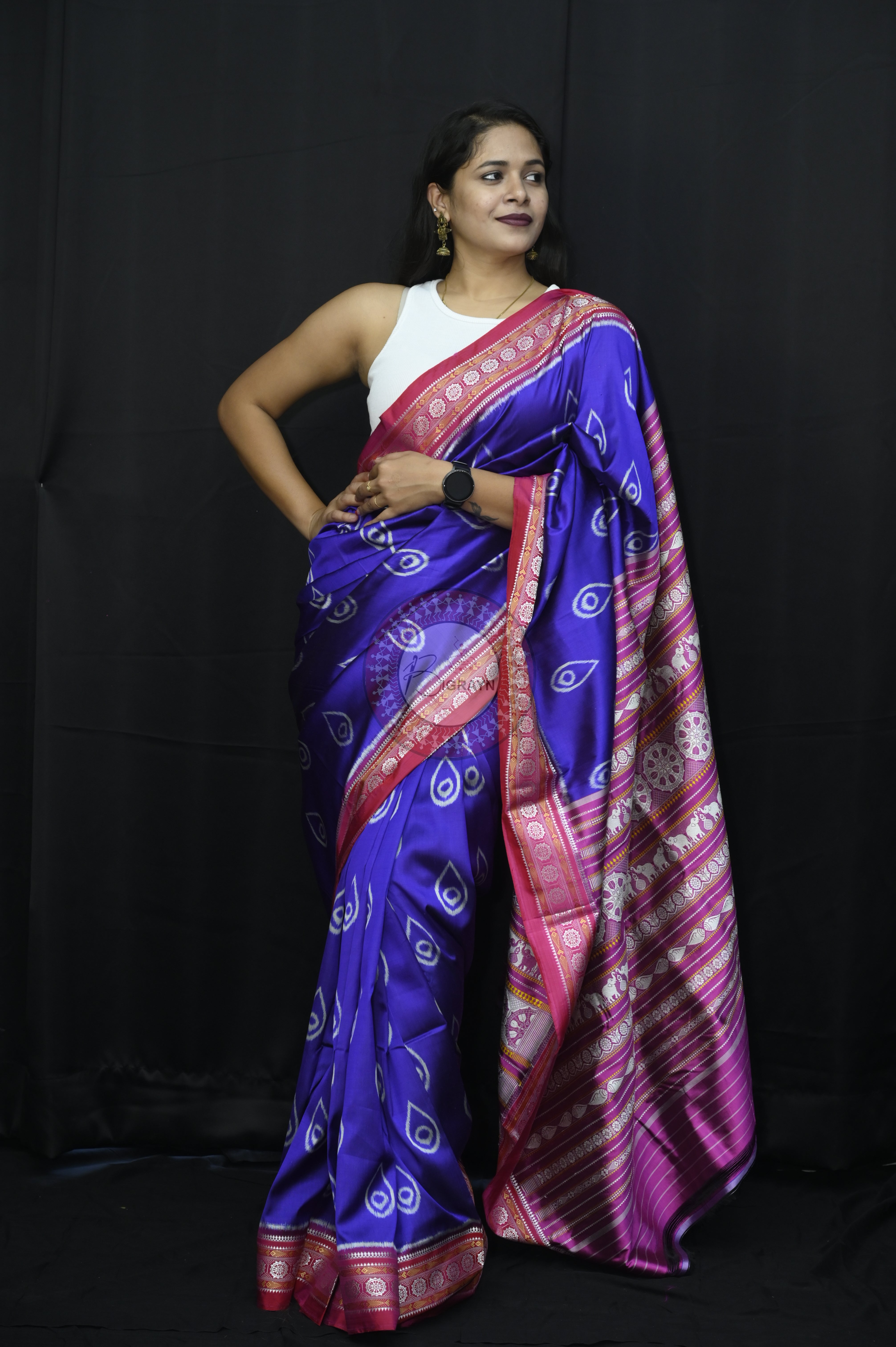 Blue Pink Sankha Mulberry Silk Saree