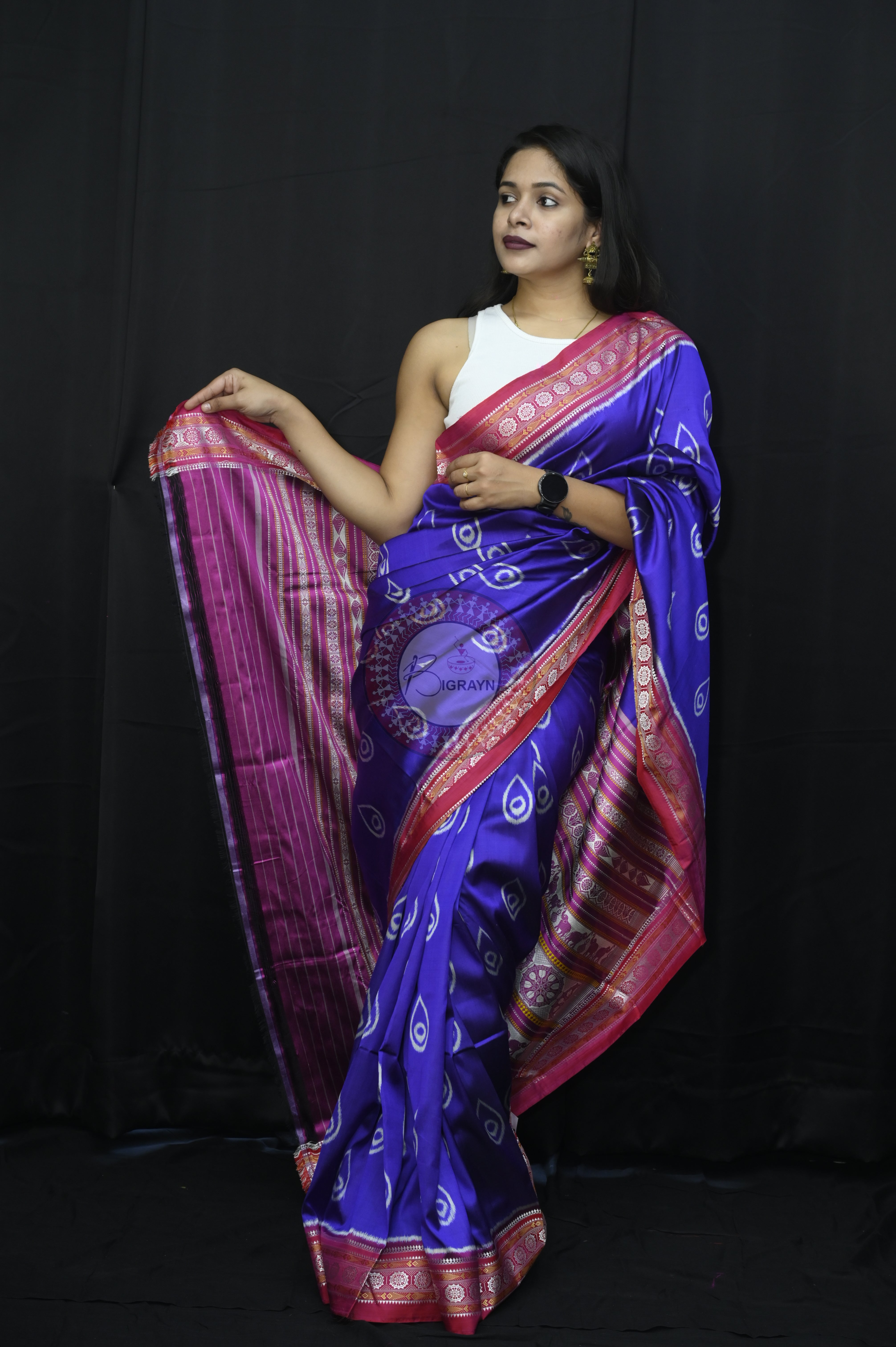 Blue Pink Sankha Mulberry Silk Saree