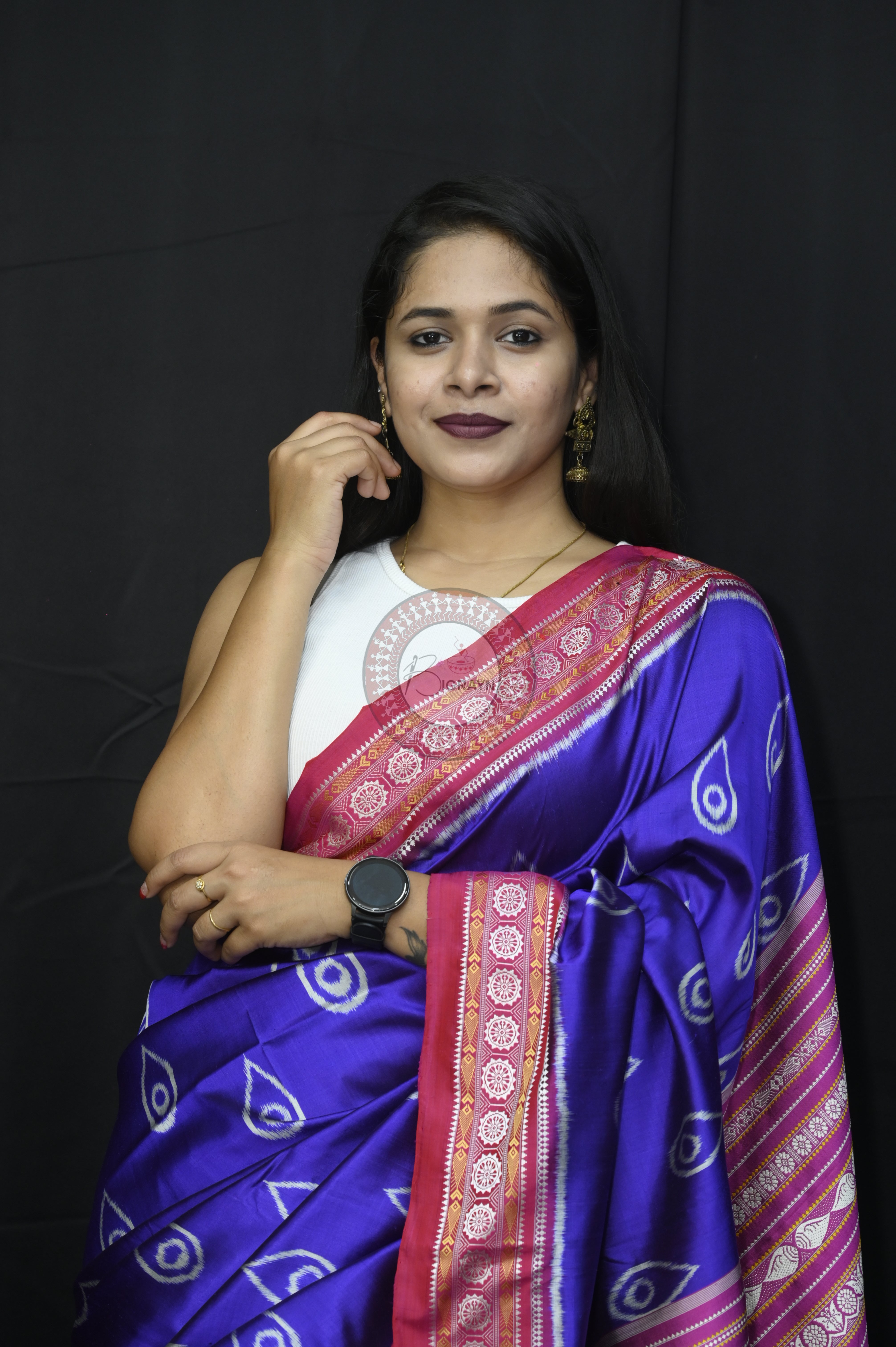 Blue Pink Sankha Mulberry Silk Saree