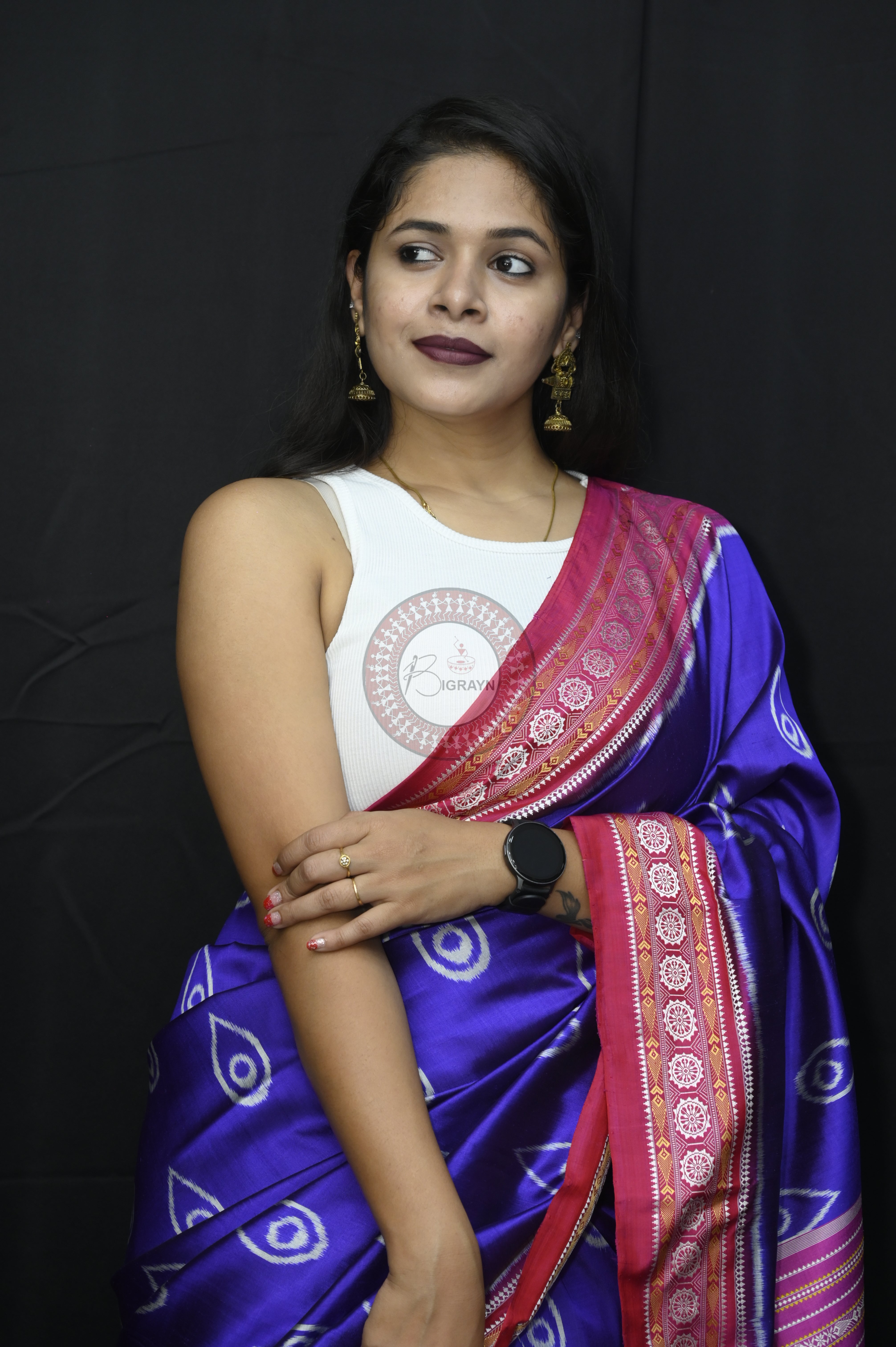 Blue Pink Sankha Mulberry Silk Saree