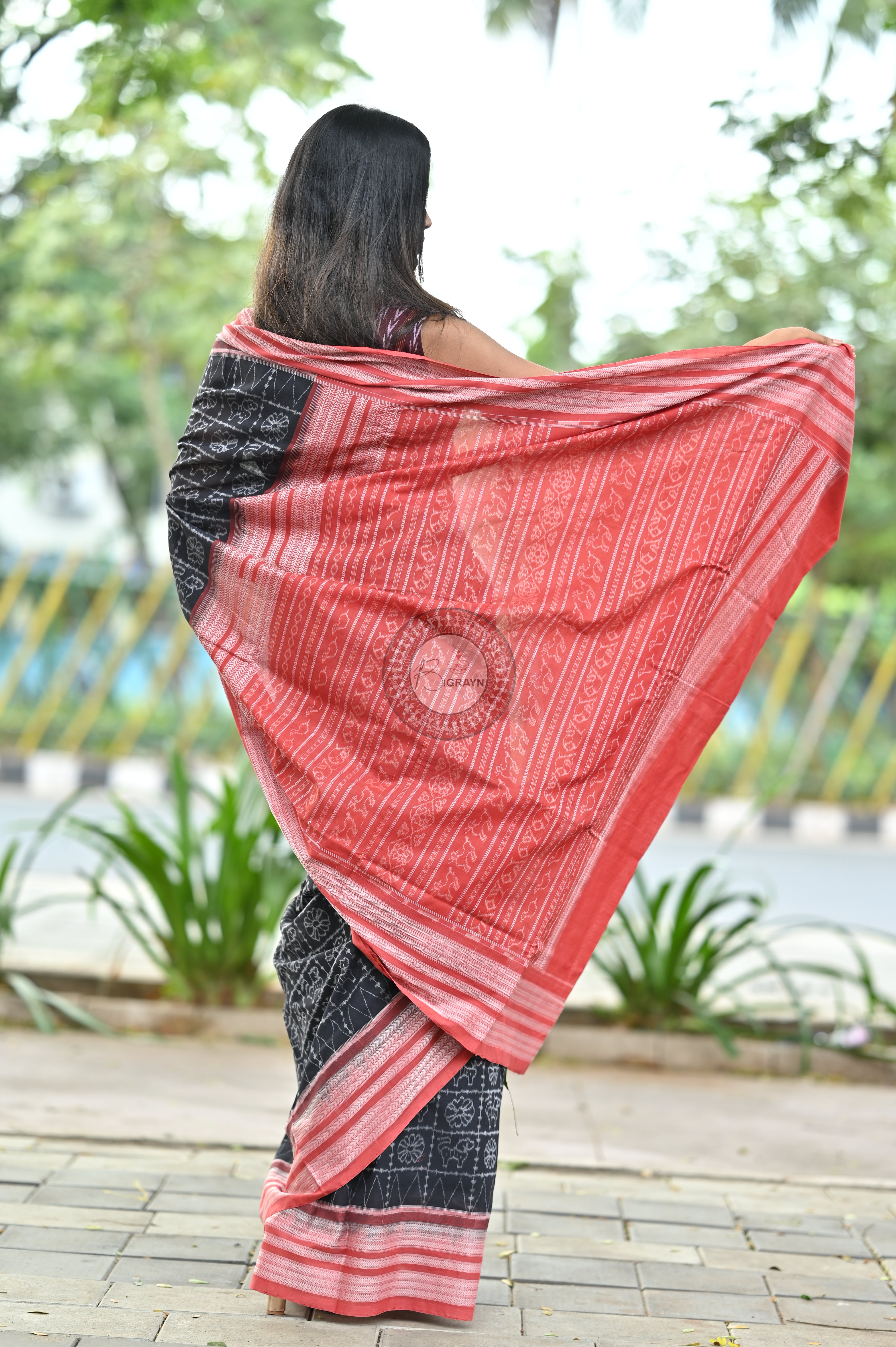 Black Animal &amp; Flowers Natural Dye Sambalpuri Cotton Saree