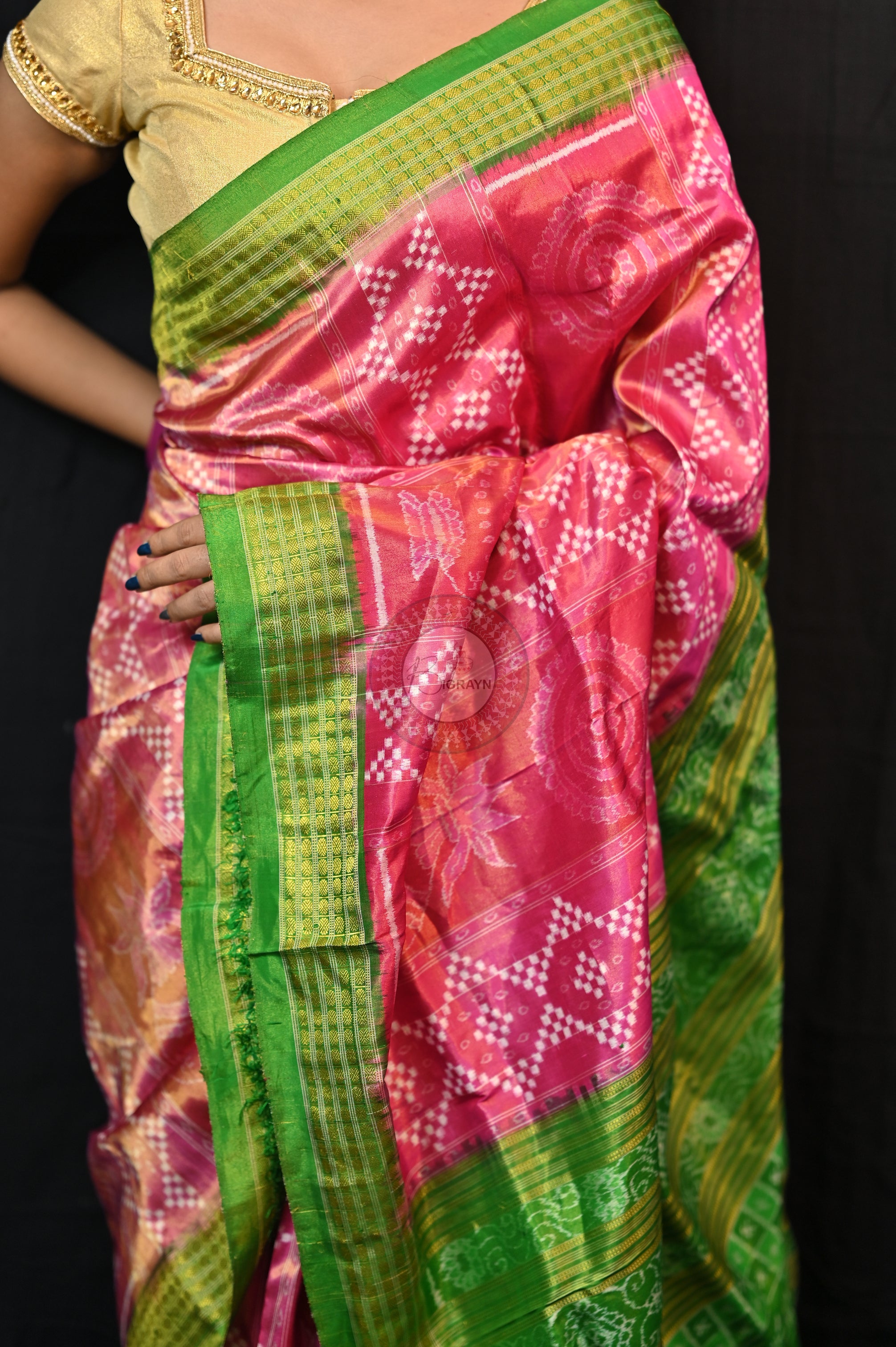 "Odisha Handloom Tissue Silk Saree with shimmering texture, elegant zari border, and lightweight drape, handcrafted by artisans"