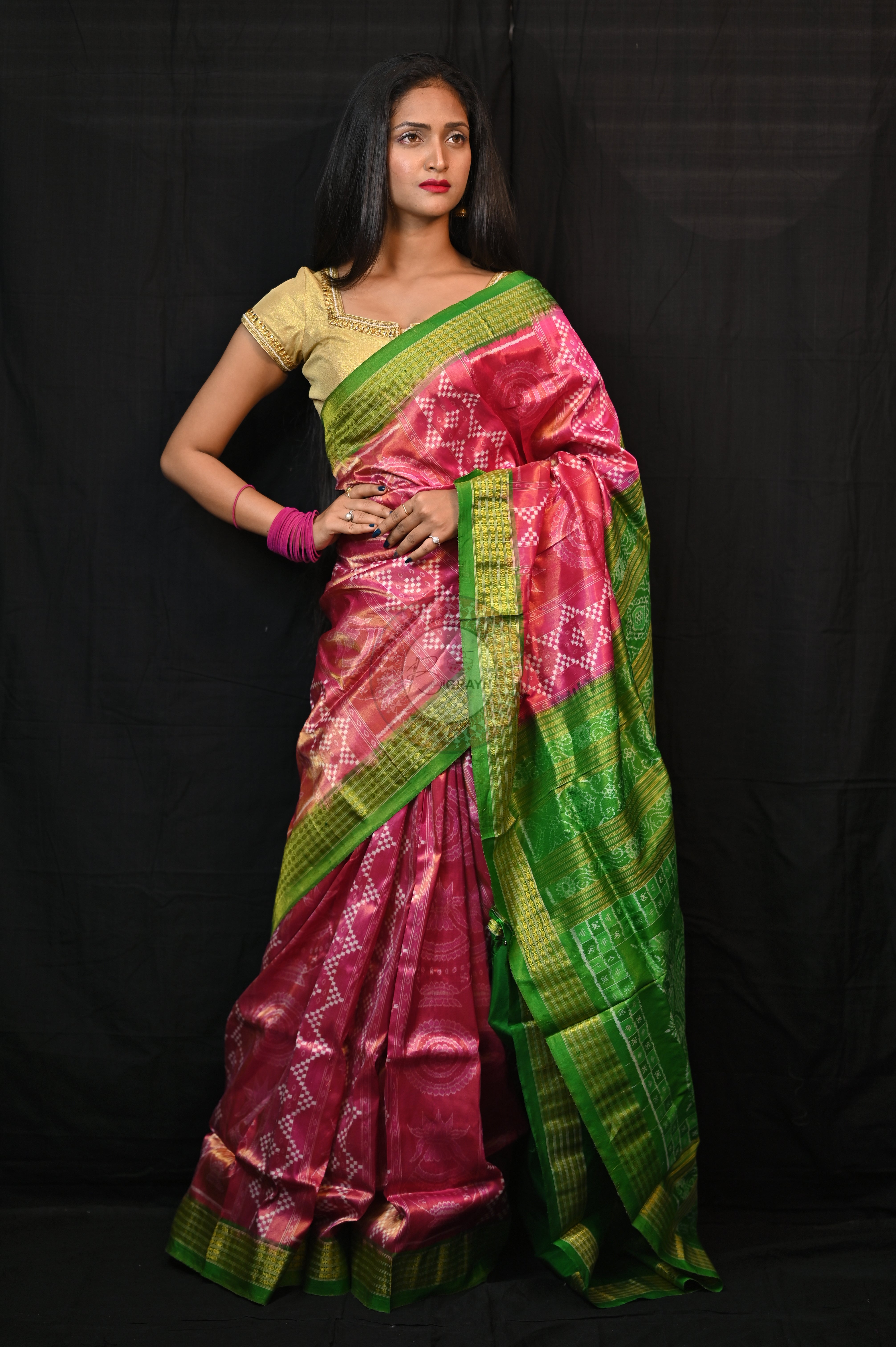 "Odisha Handloom Tissue Silk Saree with shimmering texture, elegant zari border, and lightweight drape, handcrafted by artisans"