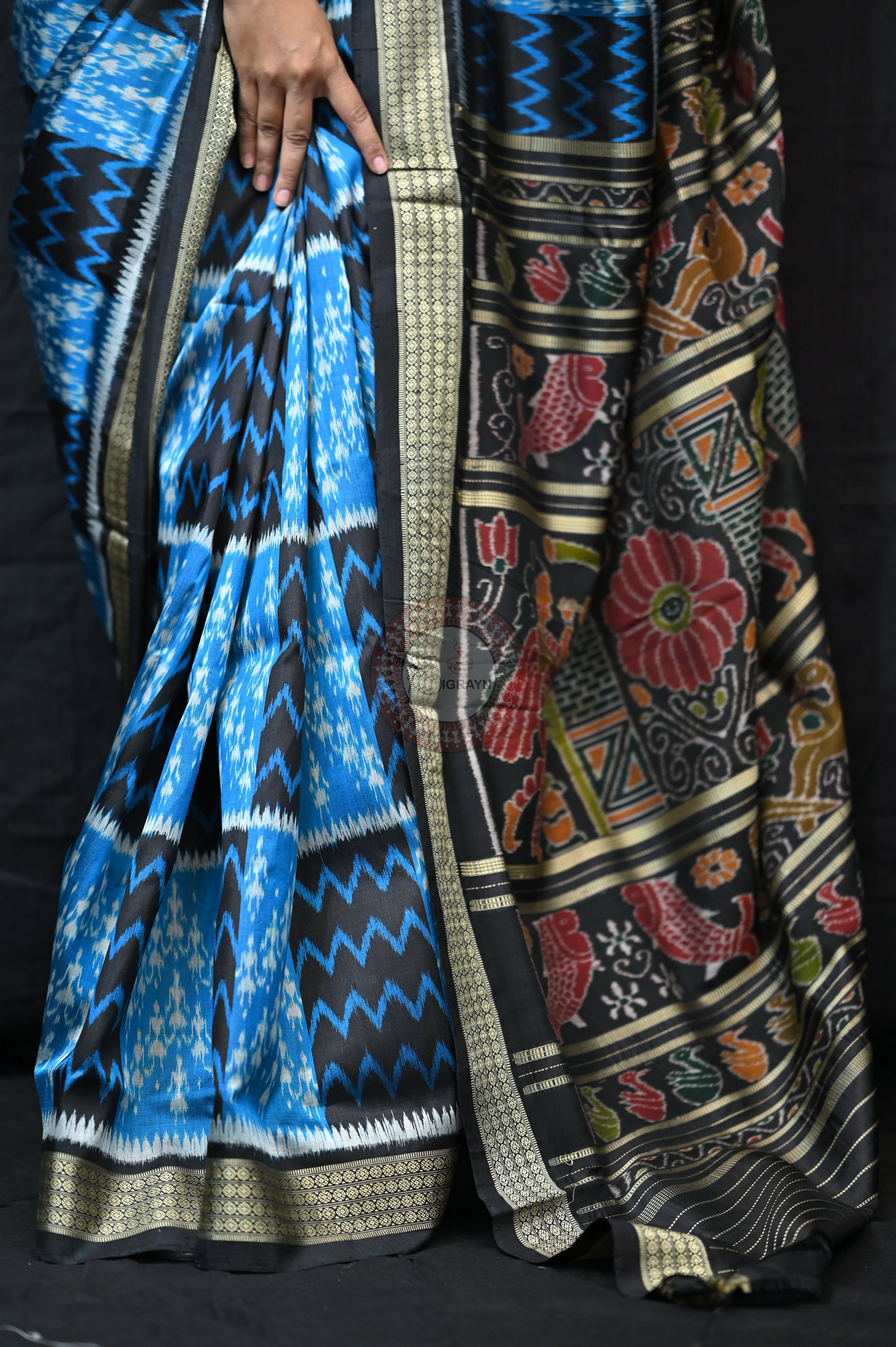 Blue Tribal &amp; Waves Mulberry Silk Saree