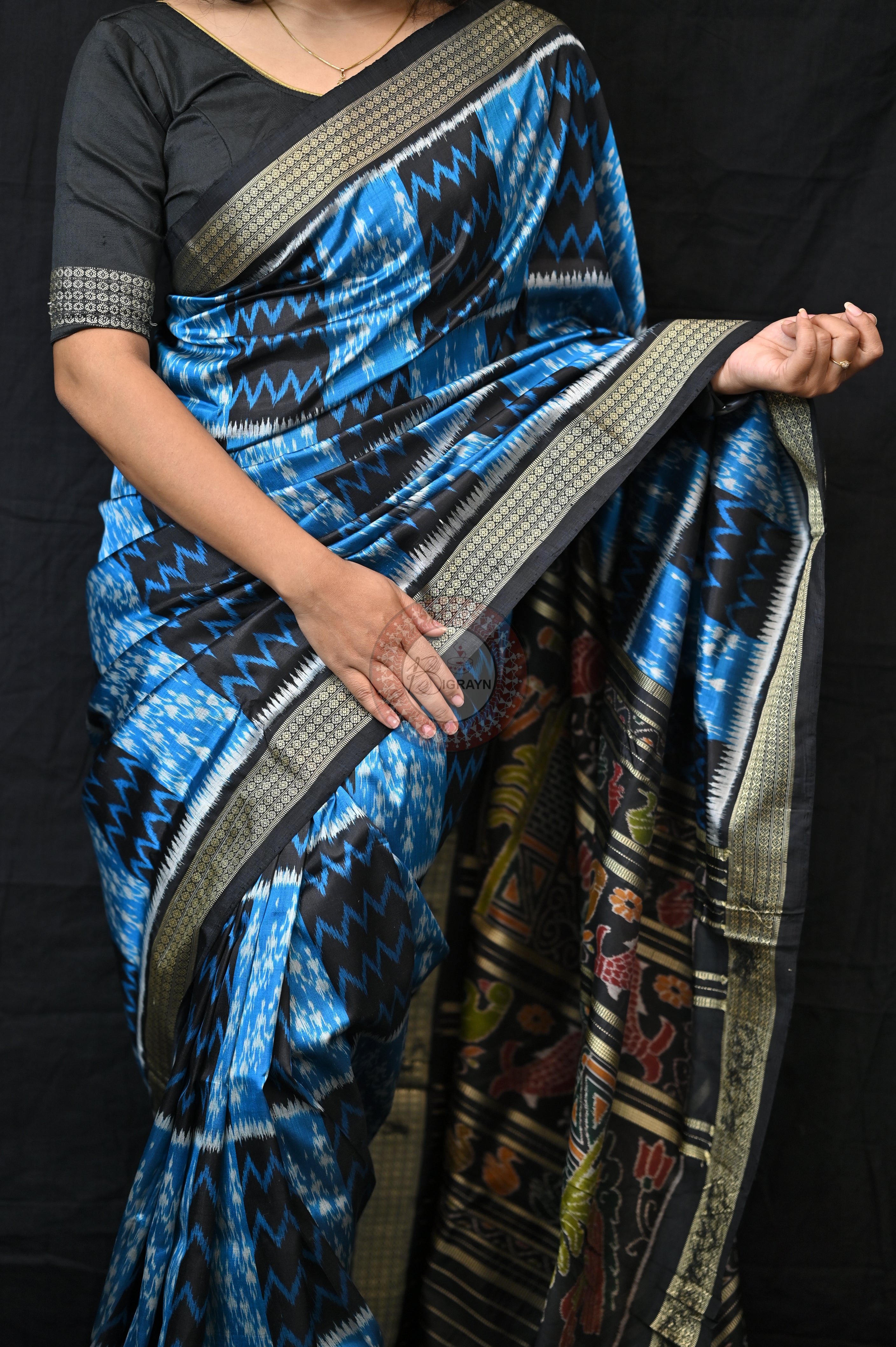 Blue Tribal &amp; Waves Mulberry Silk Saree
