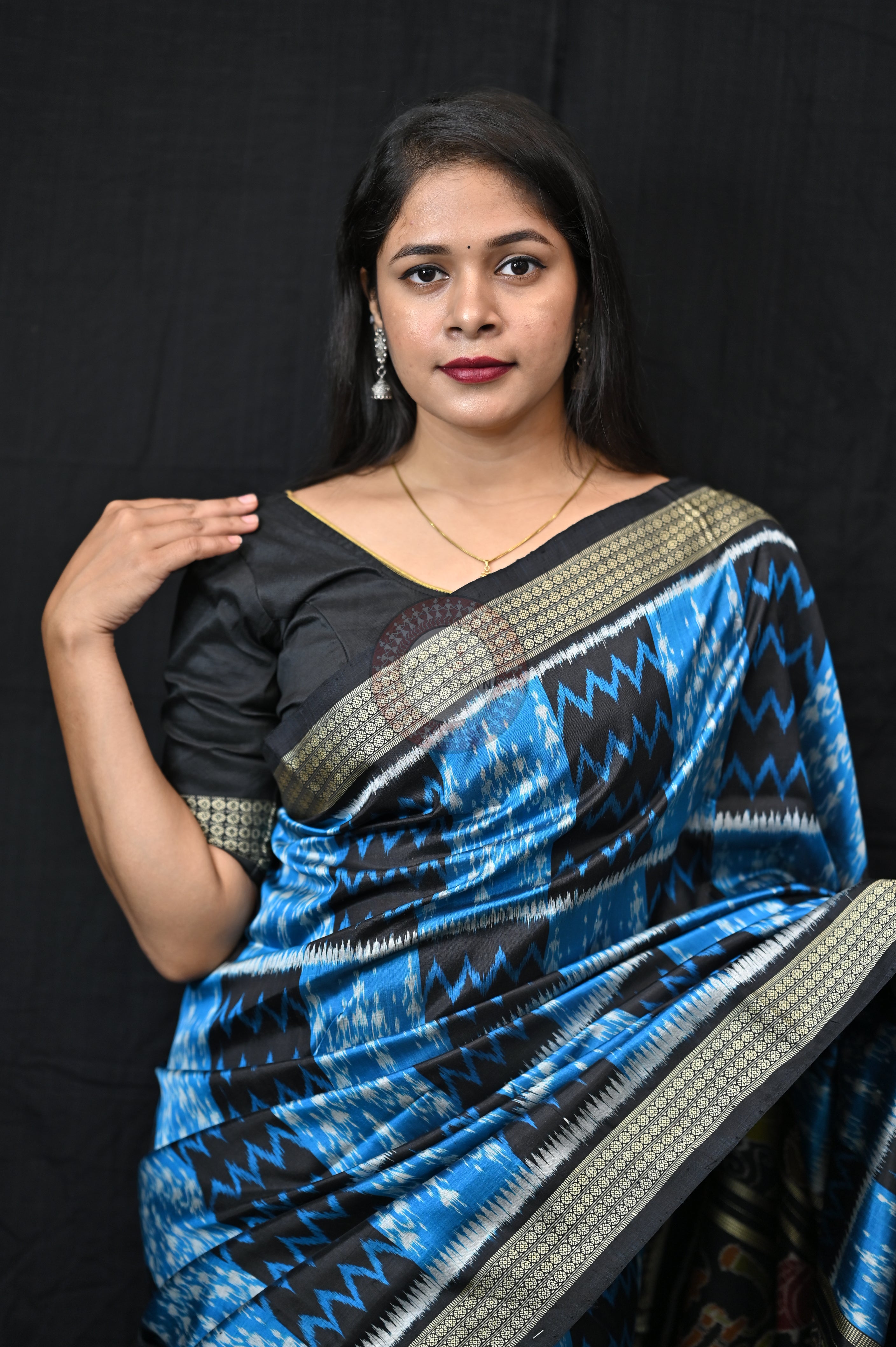 Blue Tribal &amp; Waves Mulberry Silk Saree