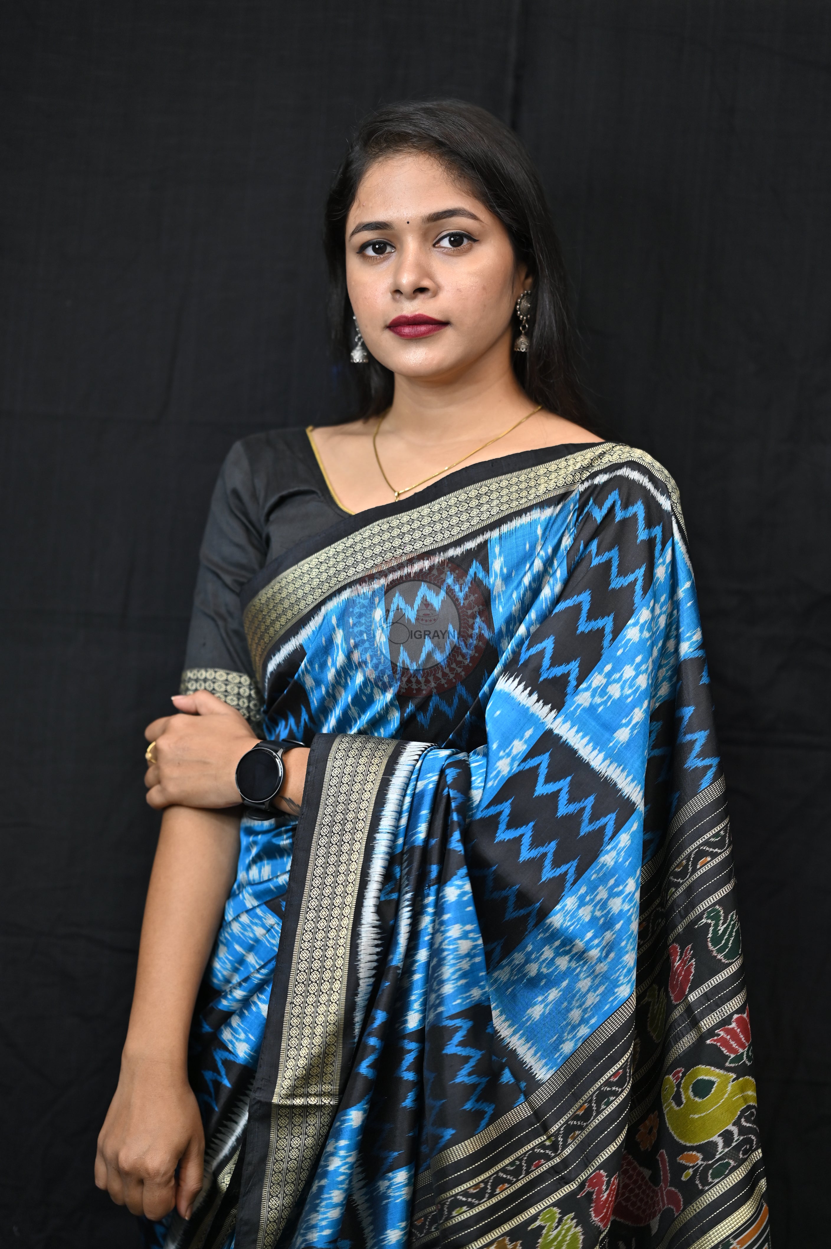 Blue Tribal &amp; Waves Mulberry Silk Saree