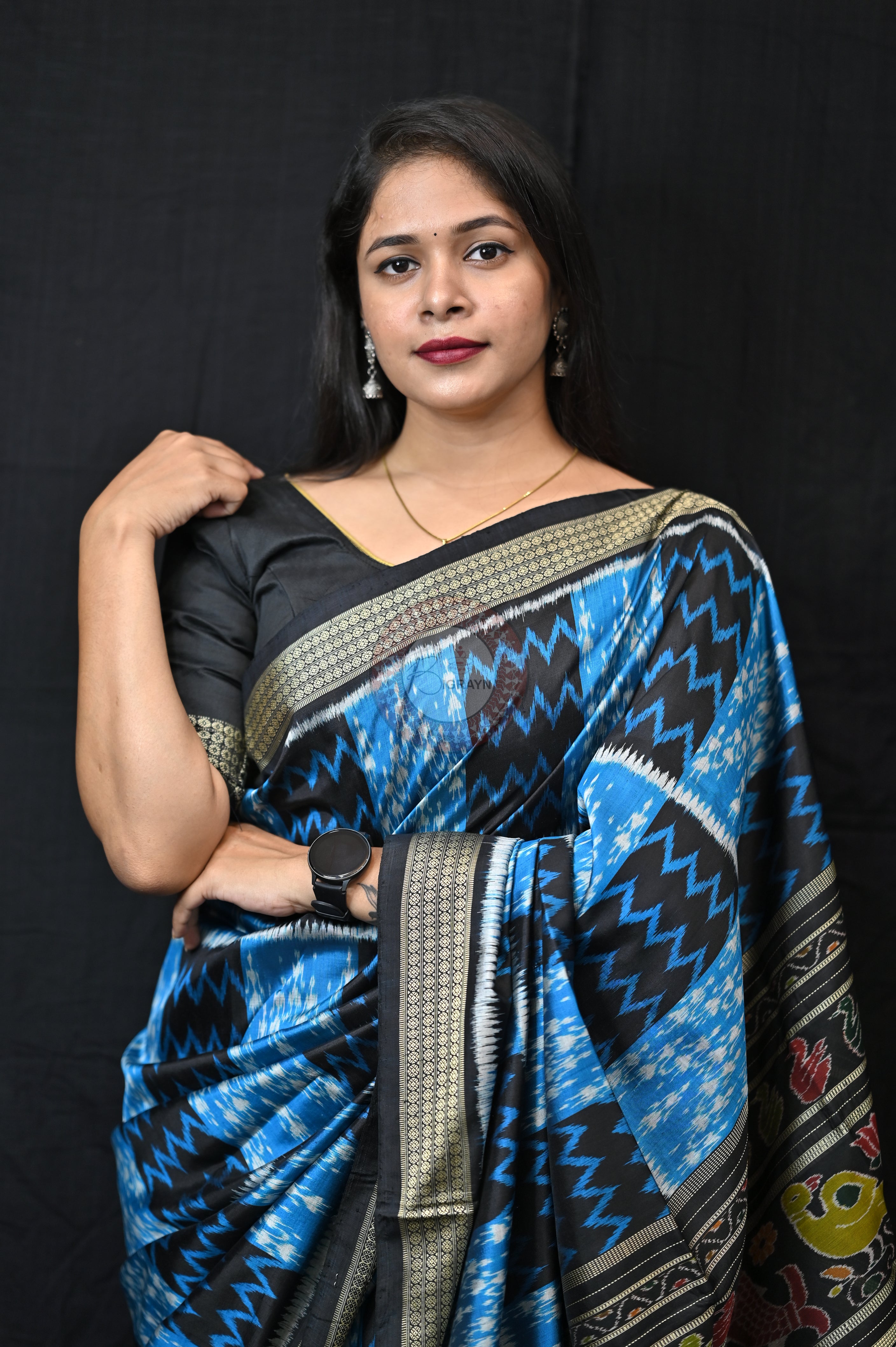 Blue Tribal &amp; Waves Mulberry Silk Saree