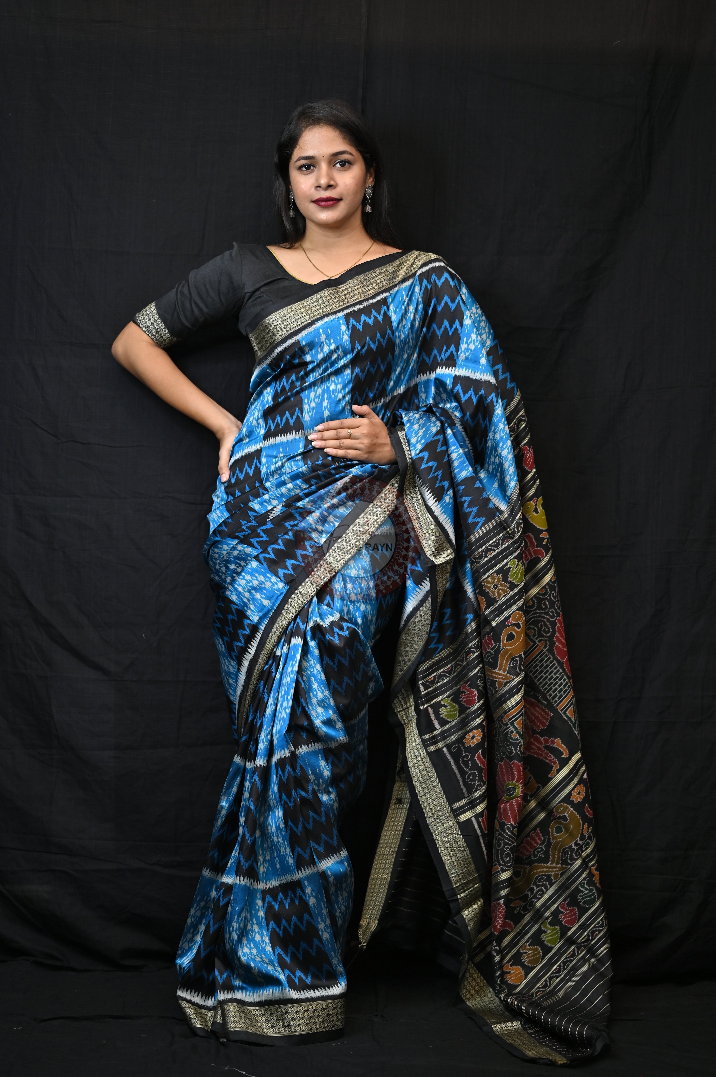 Blue Tribal &amp; Waves Mulberry Silk Saree