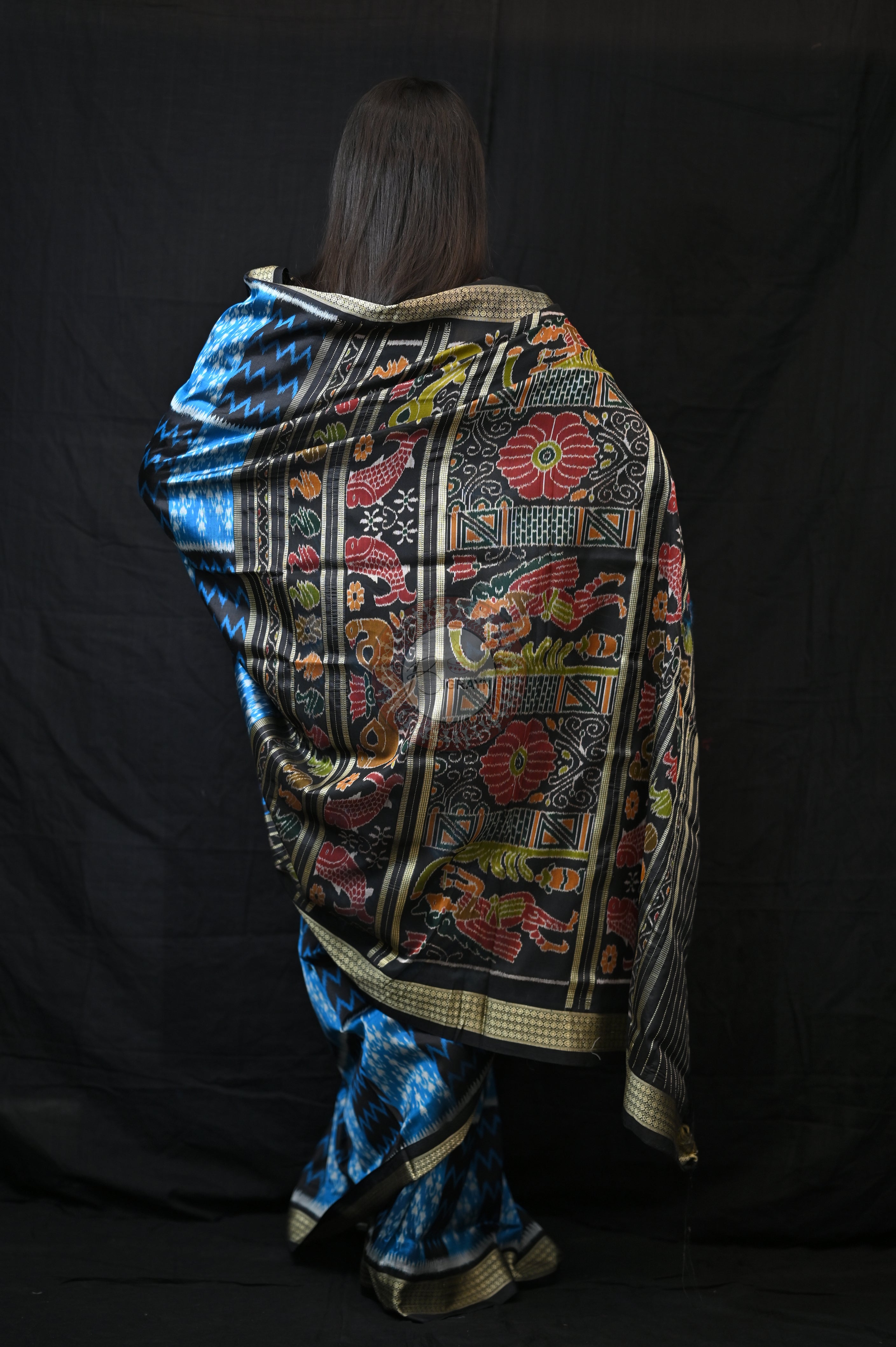 Blue Tribal &amp; Waves Mulberry Silk Saree