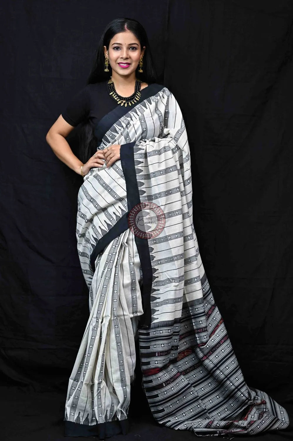 White Black Stripes Kotpad cotton Sarees