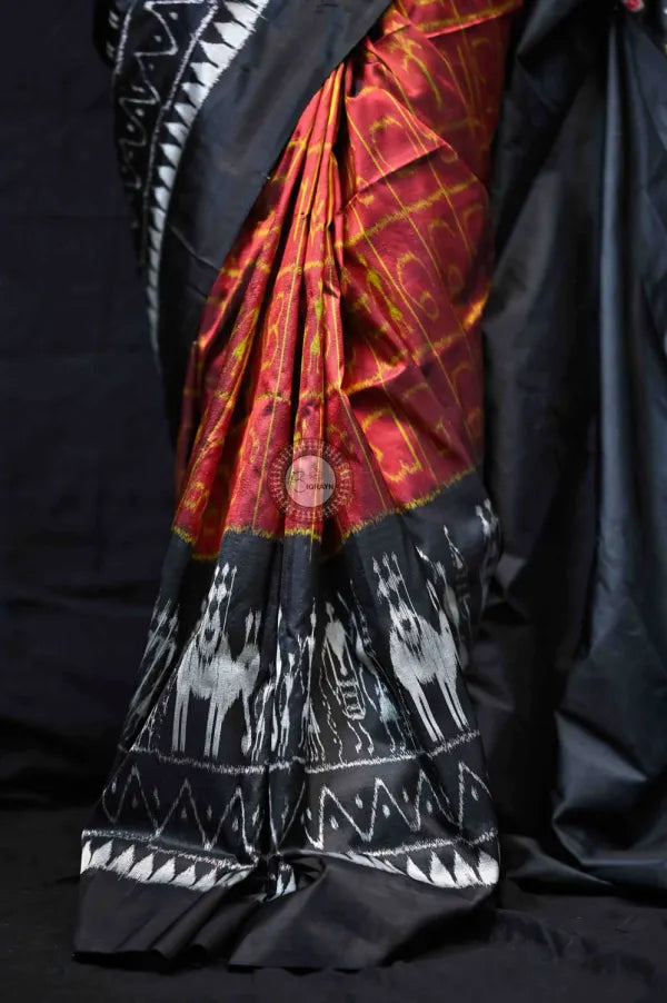 Maroon Black Odia Alphabet & Elephants Mulberry Silk Saree