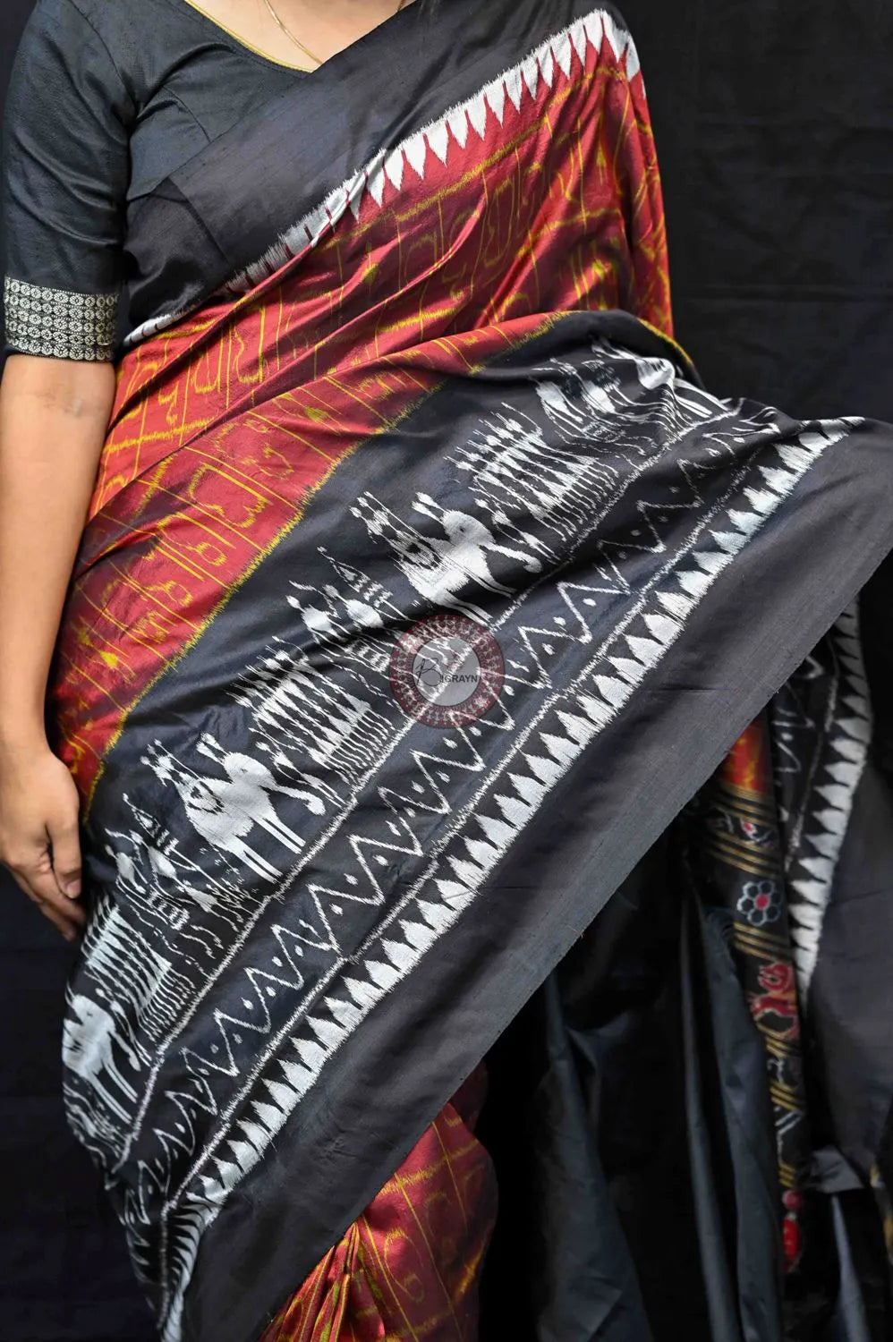 Maroon Black Odia Alphabet & Elephants Mulberry Silk Saree