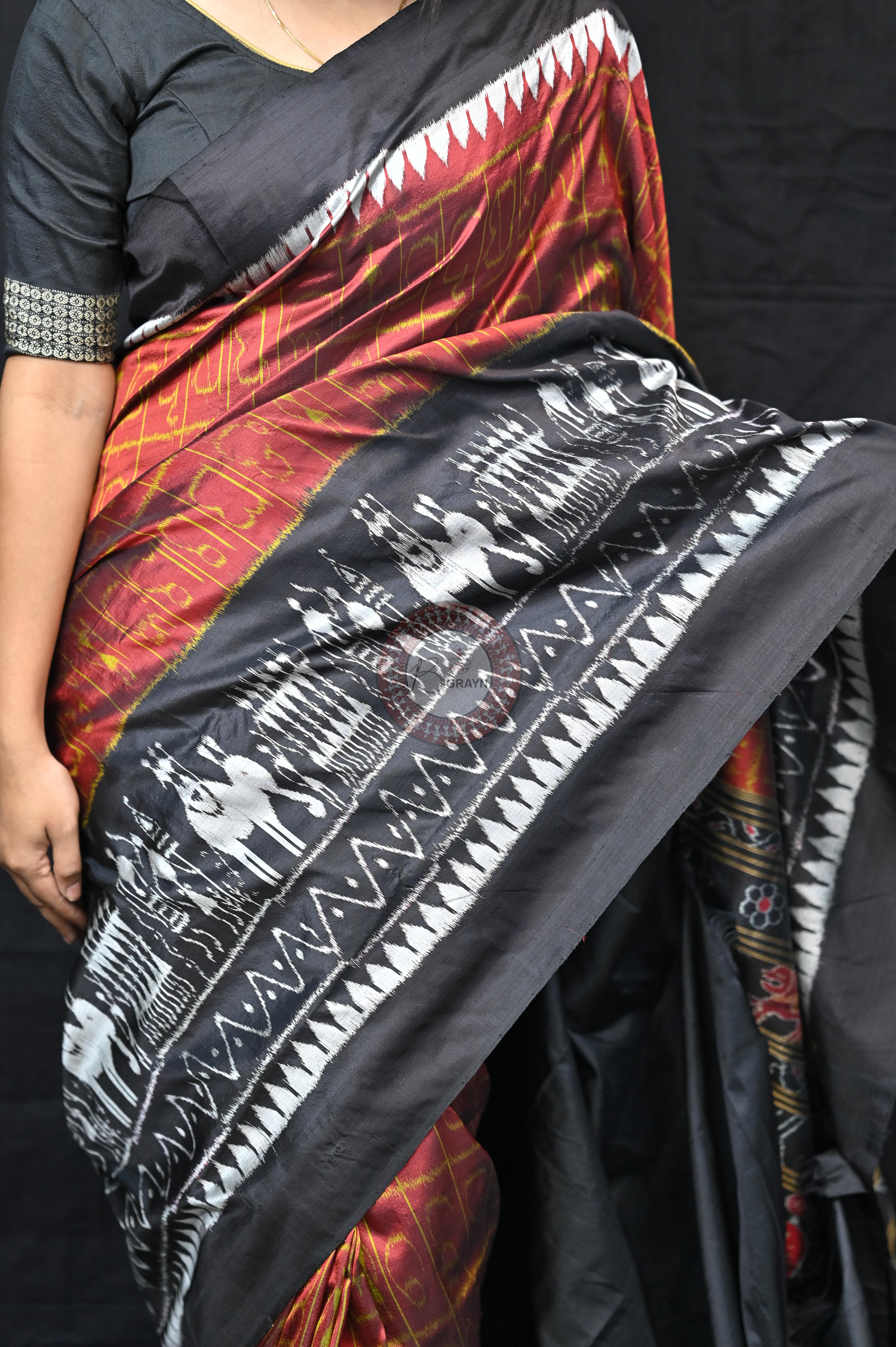 Maroon Black Odia Alphabet Mulberry Silk Saree