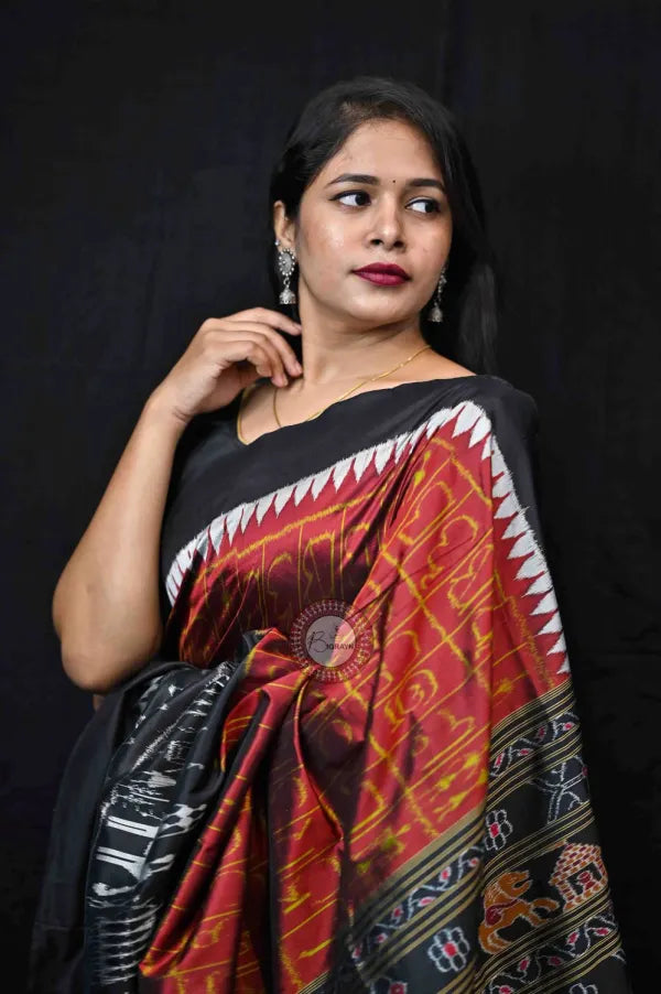 Maroon Black Odia Alphabet & Elephants Mulberry Silk Saree