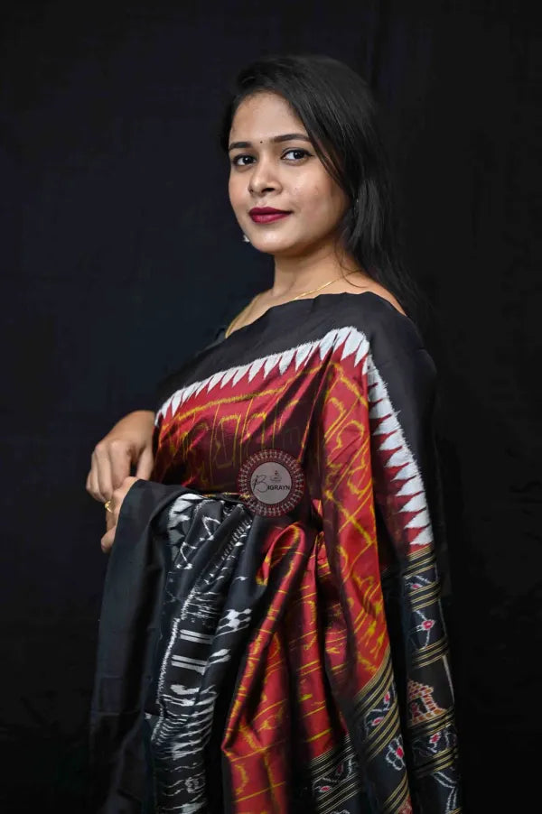 Maroon Black Odia Alphabet & Elephants Mulberry Silk Saree