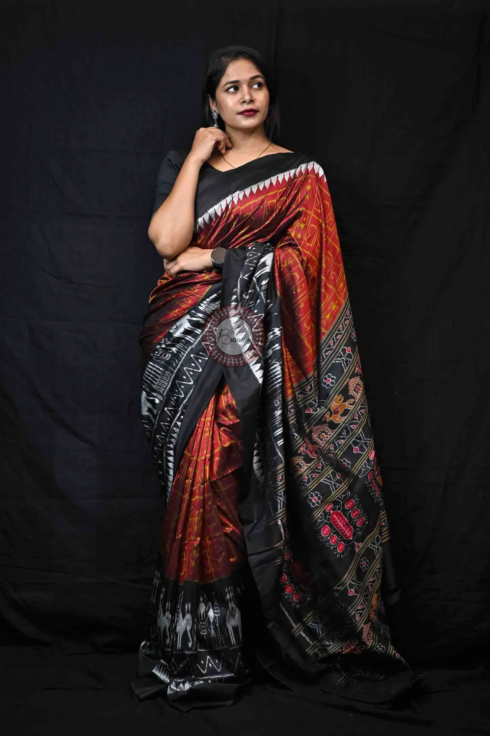 Maroon Black Odia Alphabet & Elephants Mulberry Silk Saree