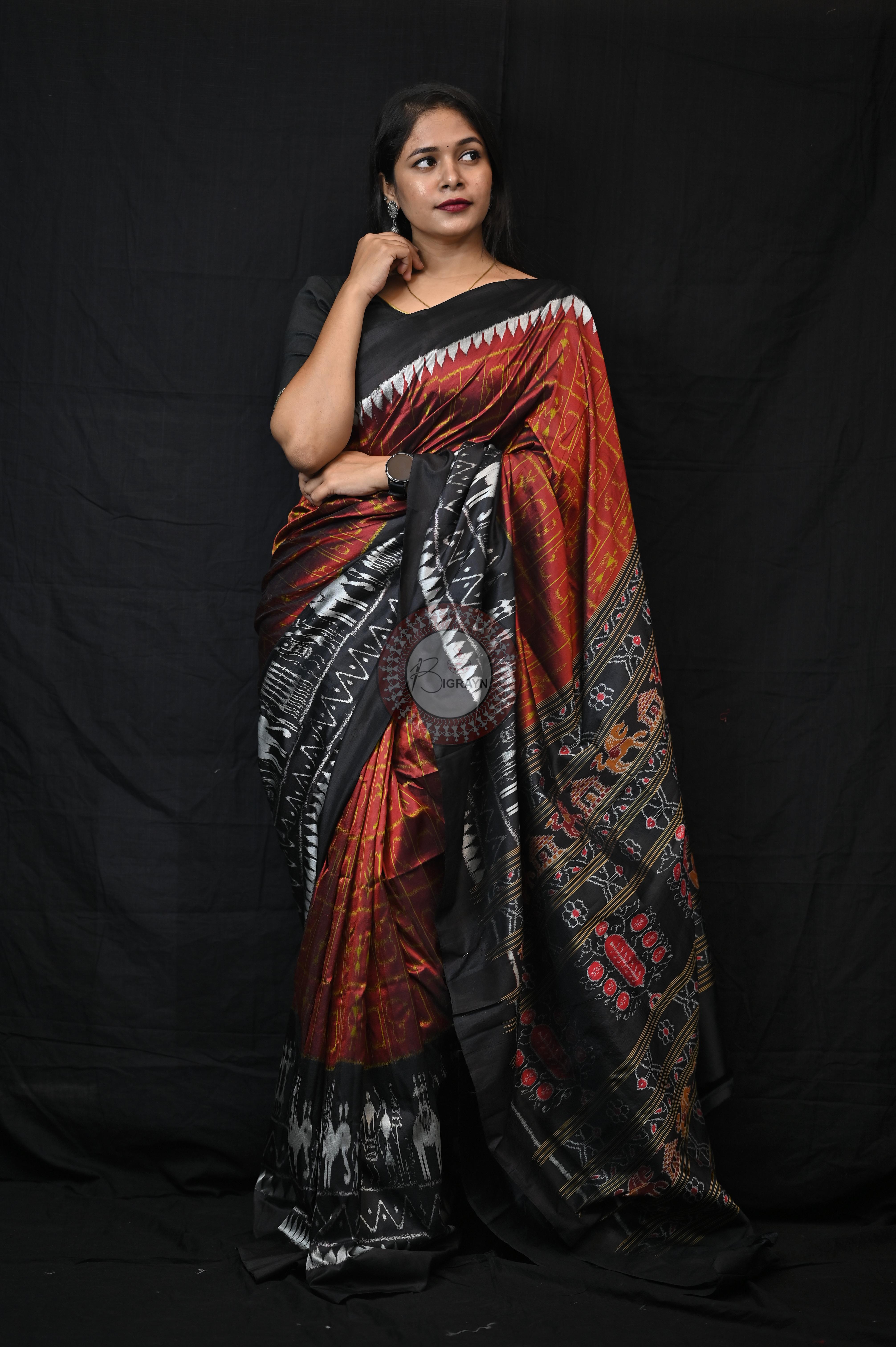 Maroon Black Odia Alphabet Mulberry Silk Saree