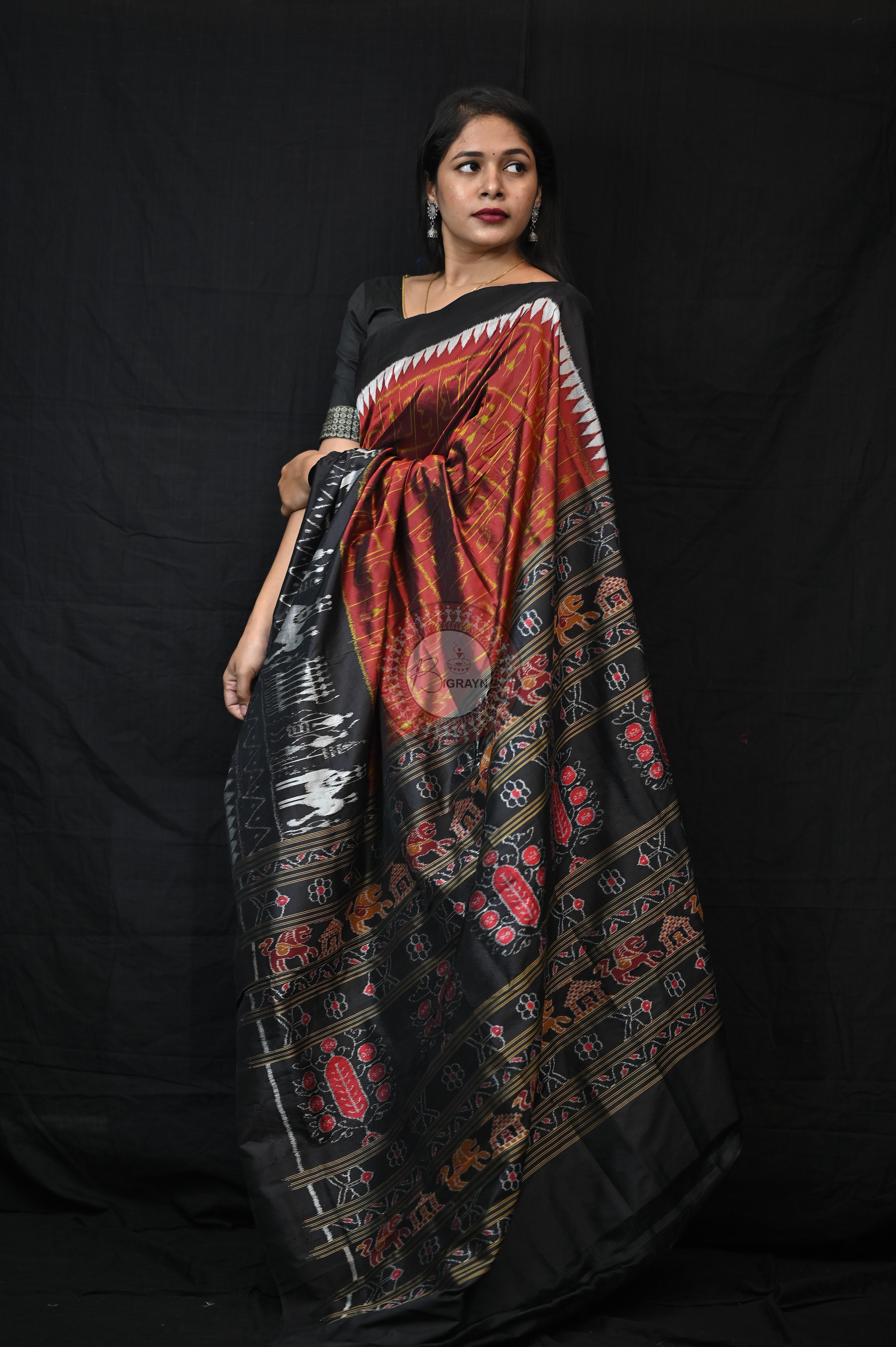 Maroon Black Odia Alphabet Mulberry Silk Saree