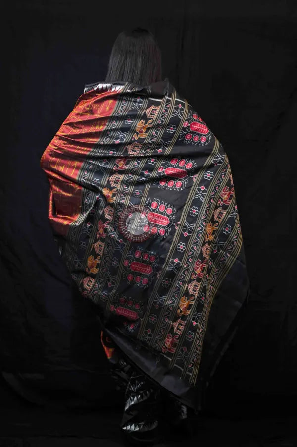 Maroon Black Odia Alphabet & Elephants Mulberry Silk Saree