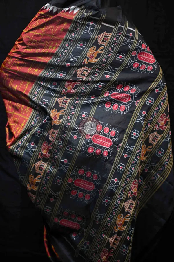 Maroon Black Odia Alphabet & Elephants Mulberry Silk Saree