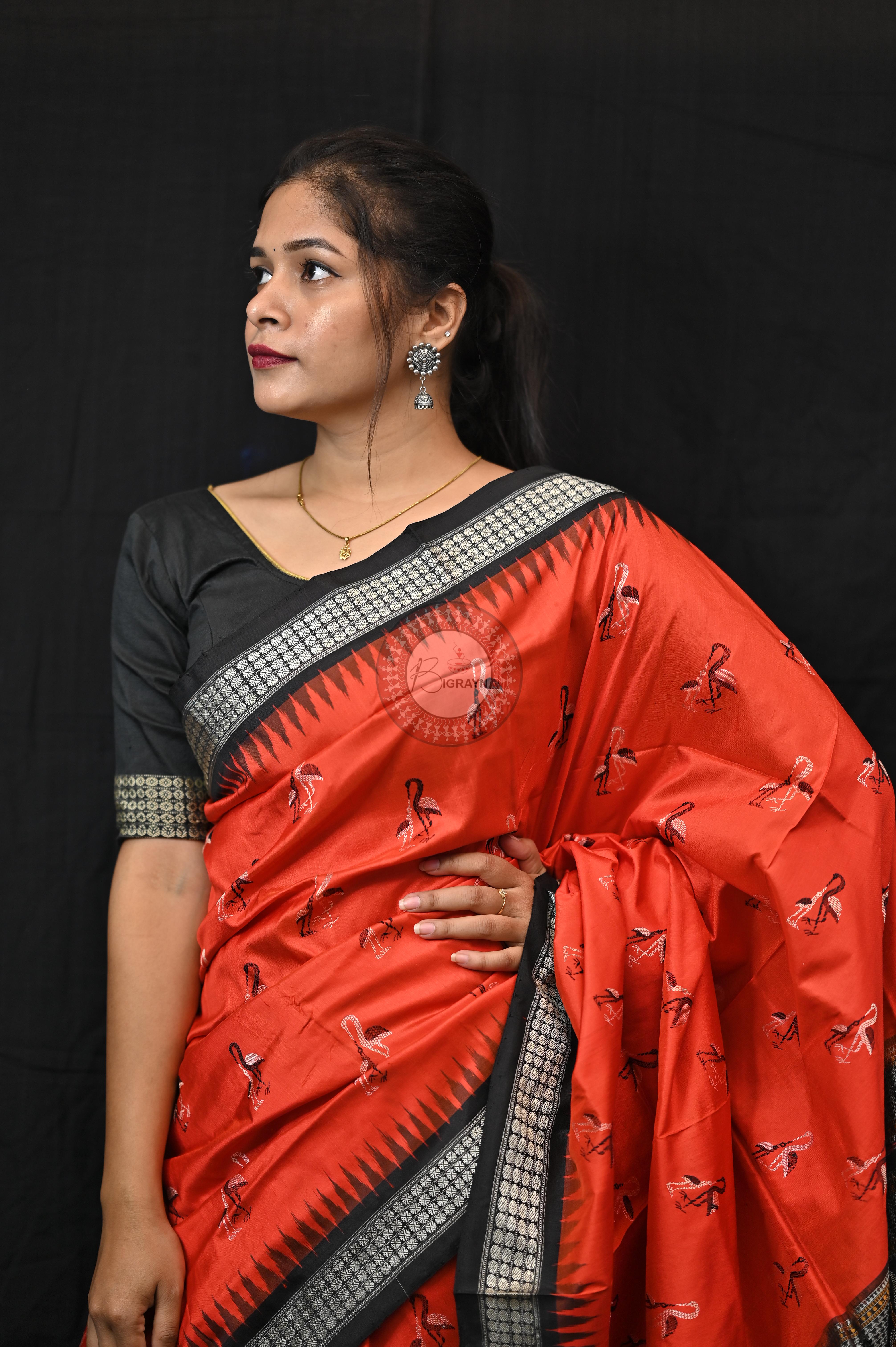 Mustard Black Animal Planet Bomkai Silk Saree