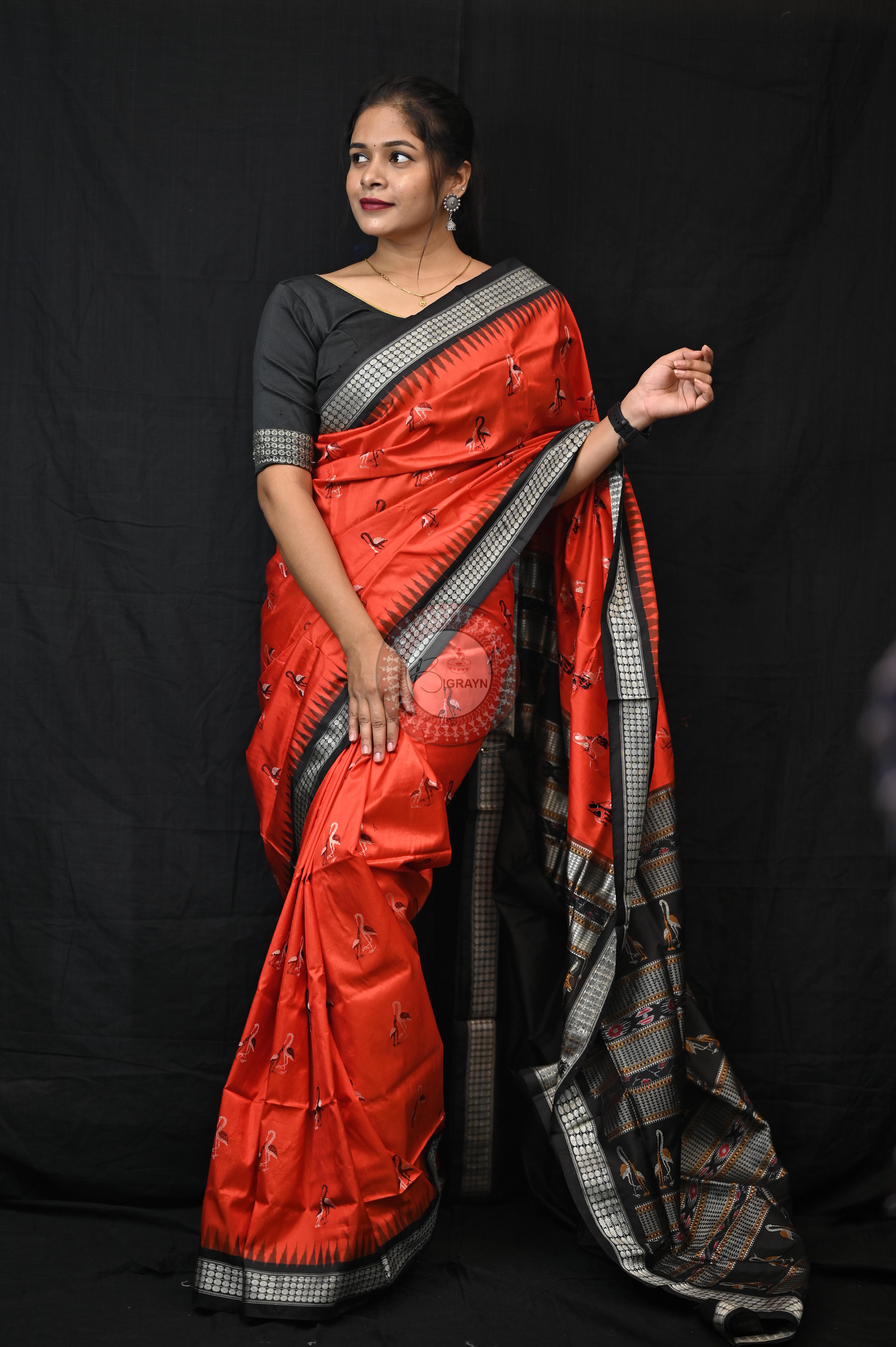Mustard Black Animal Planet Bomkai Silk Saree