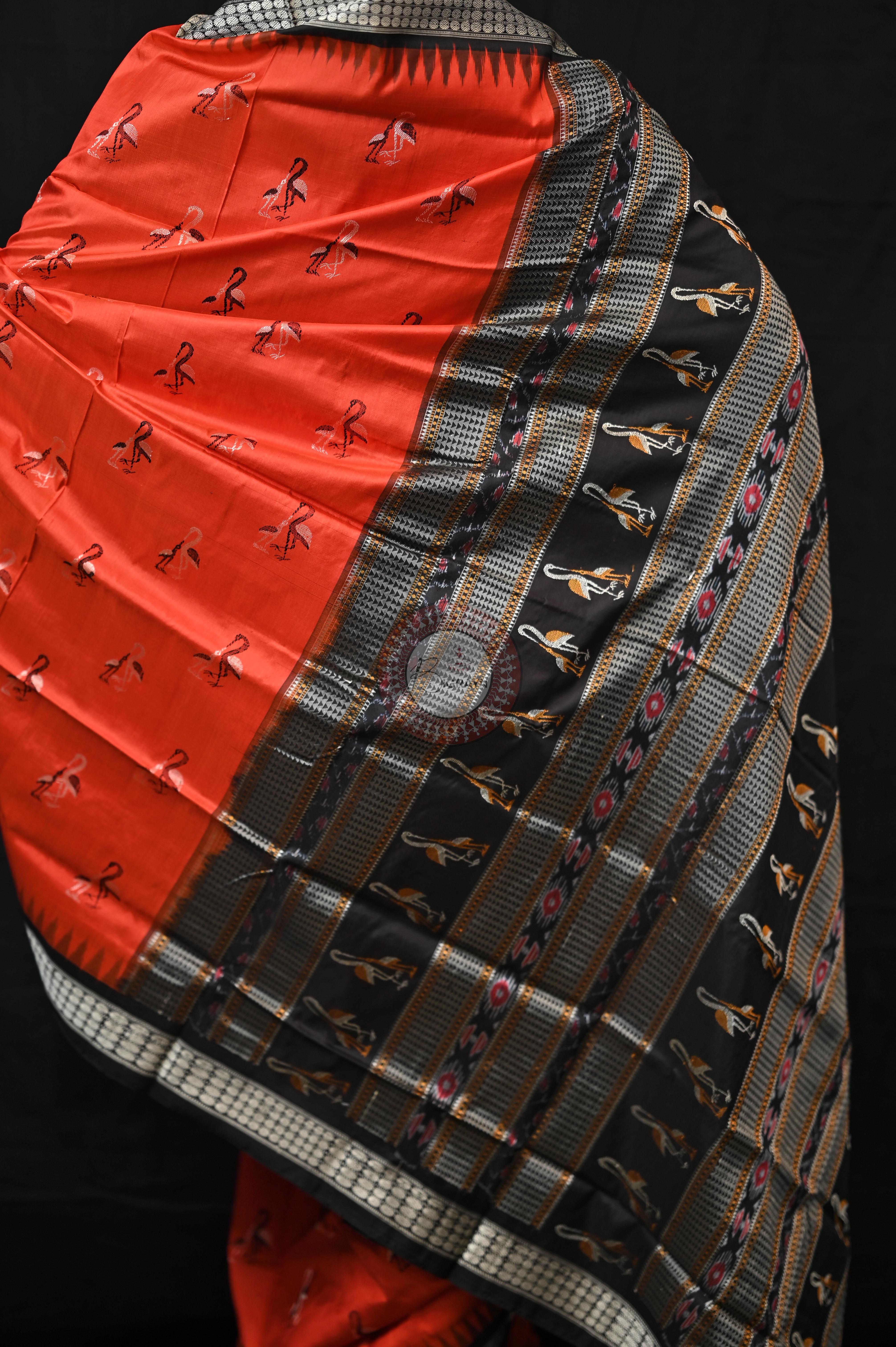 Mustard Black Animal Planet Bomkai Silk Saree