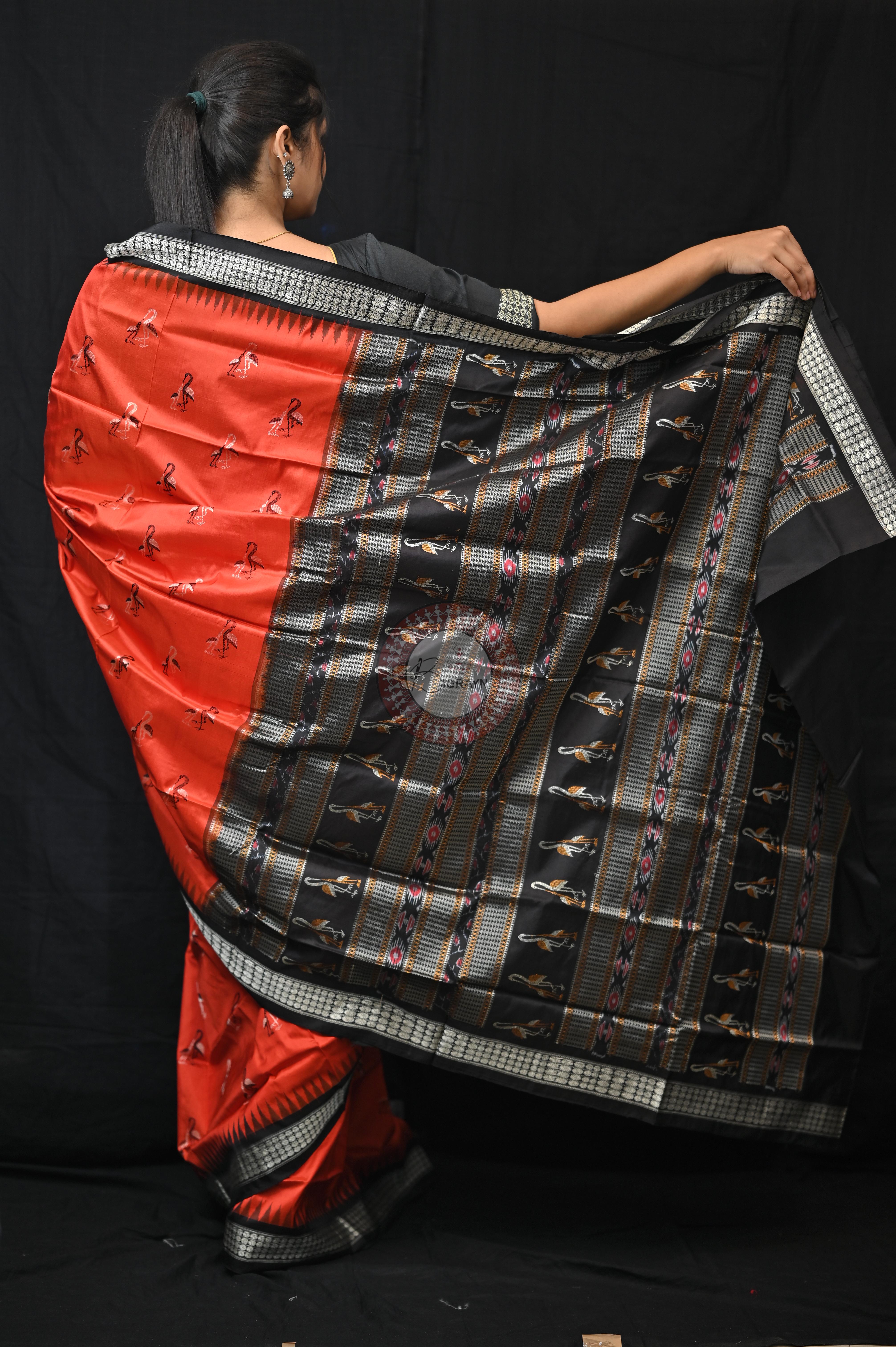 Mustard Black Animal Planet Bomkai Silk Saree