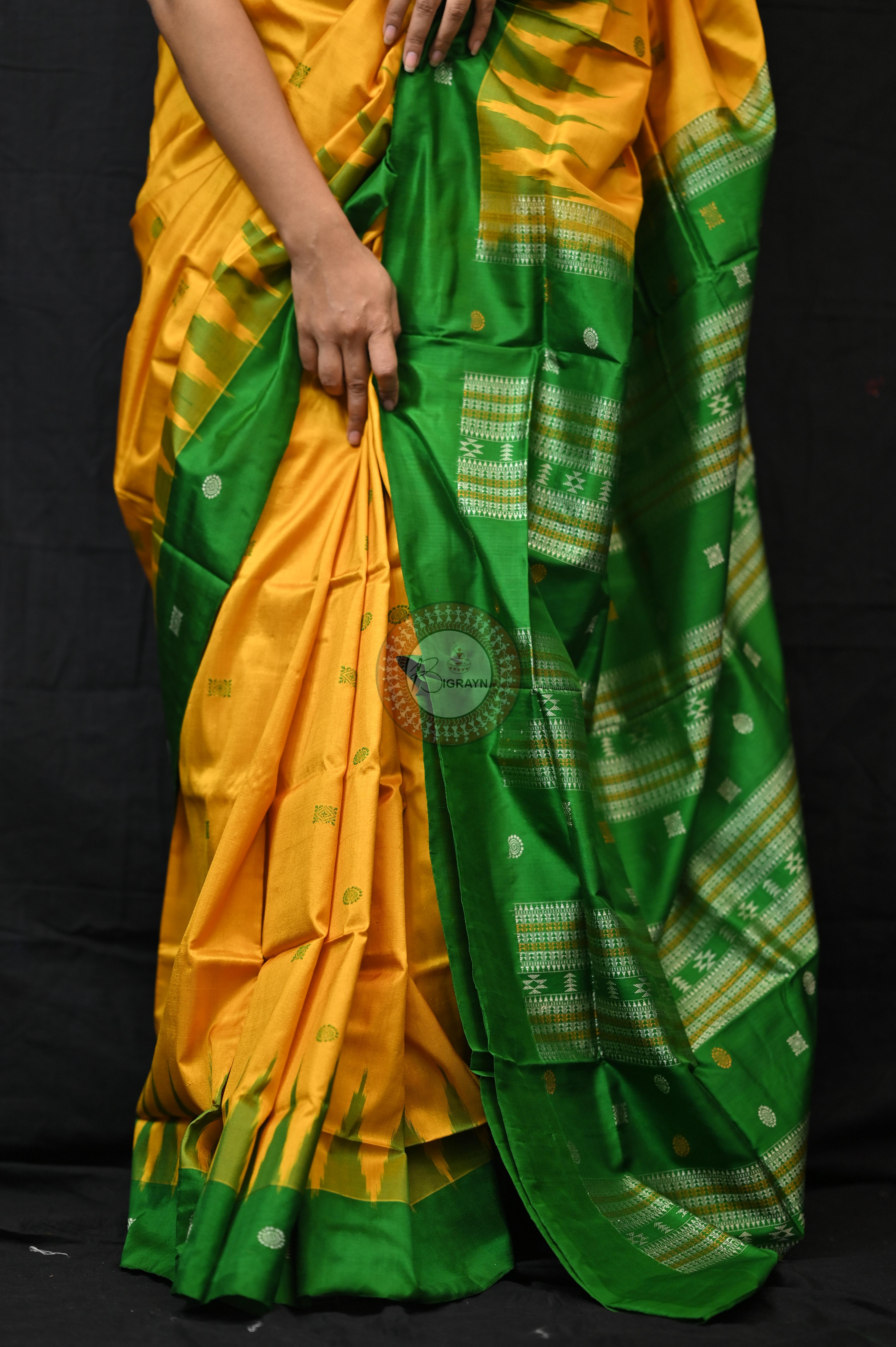 Yellow Green Plain Border Bomkai Silk Saree