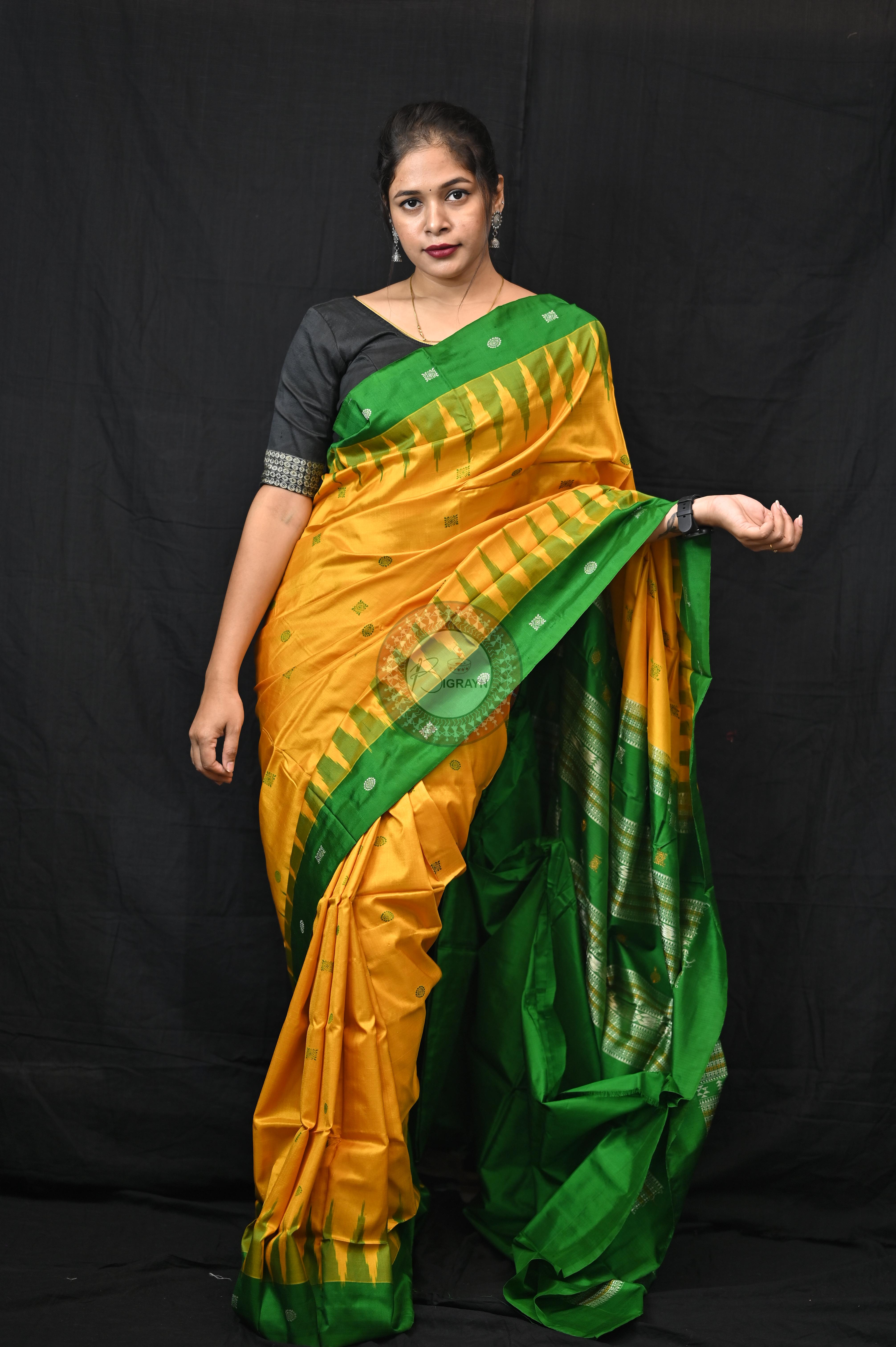 Yellow Green Plain Border Bomkai Silk Saree